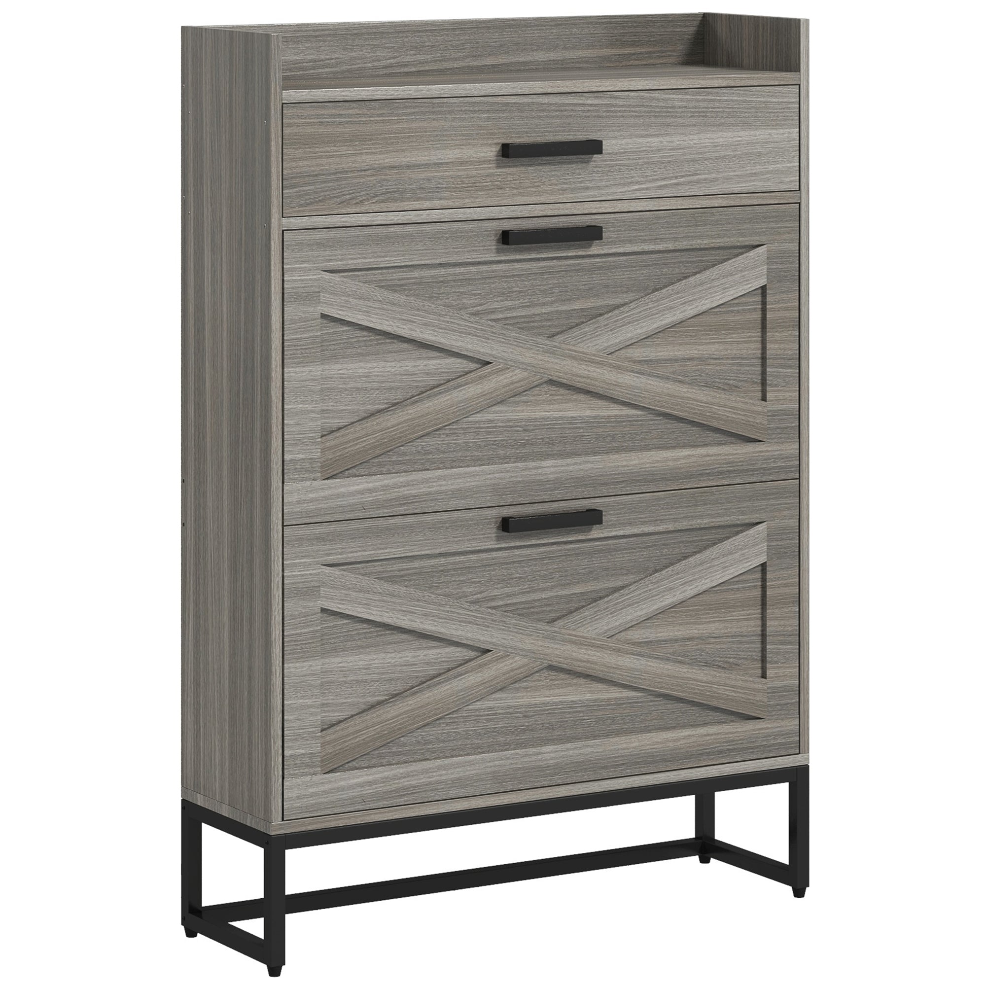 Slim Shoe Storage Cabinet w/ 2 Drawers & Adjustable Shelves for 12 Pairs, Distressed Gray