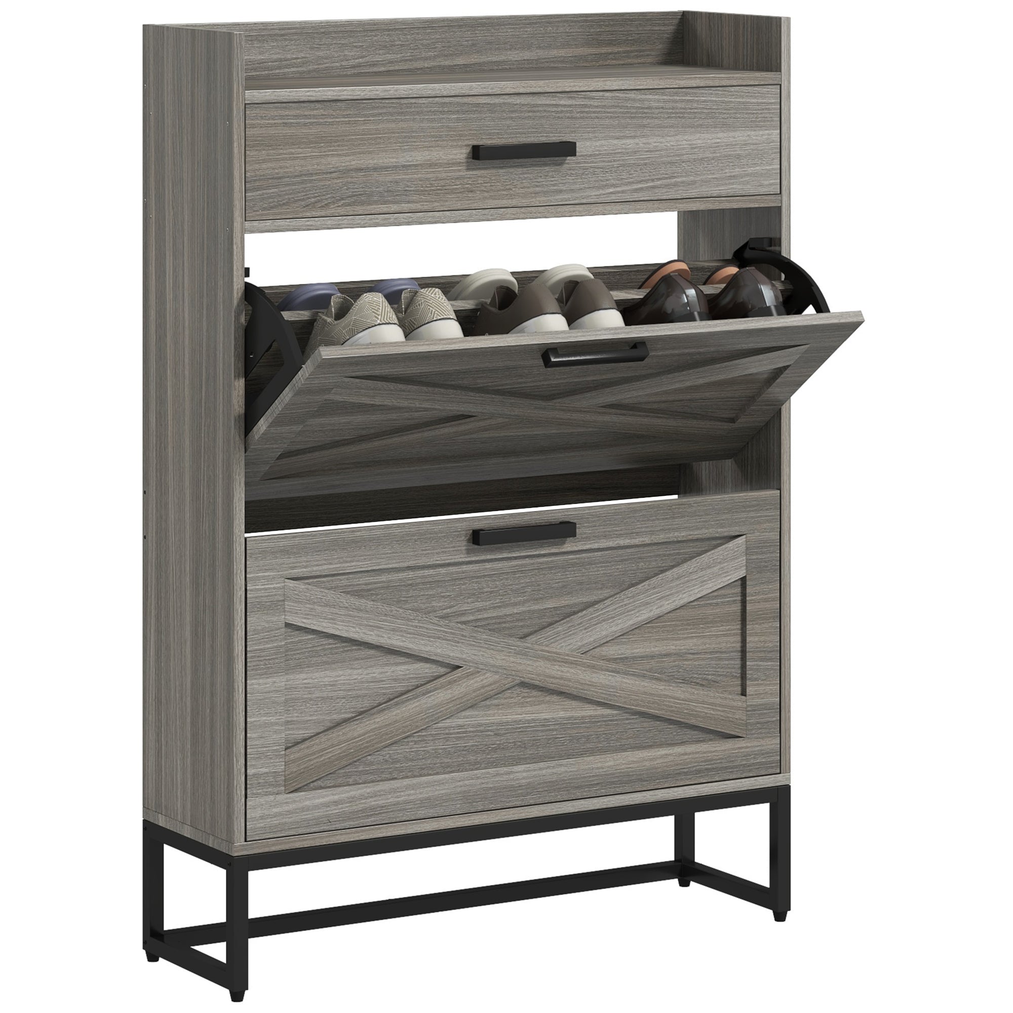 Slim Shoe Storage Cabinet w/ 2 Drawers & Adjustable Shelves for 12 Pairs, Distressed Gray