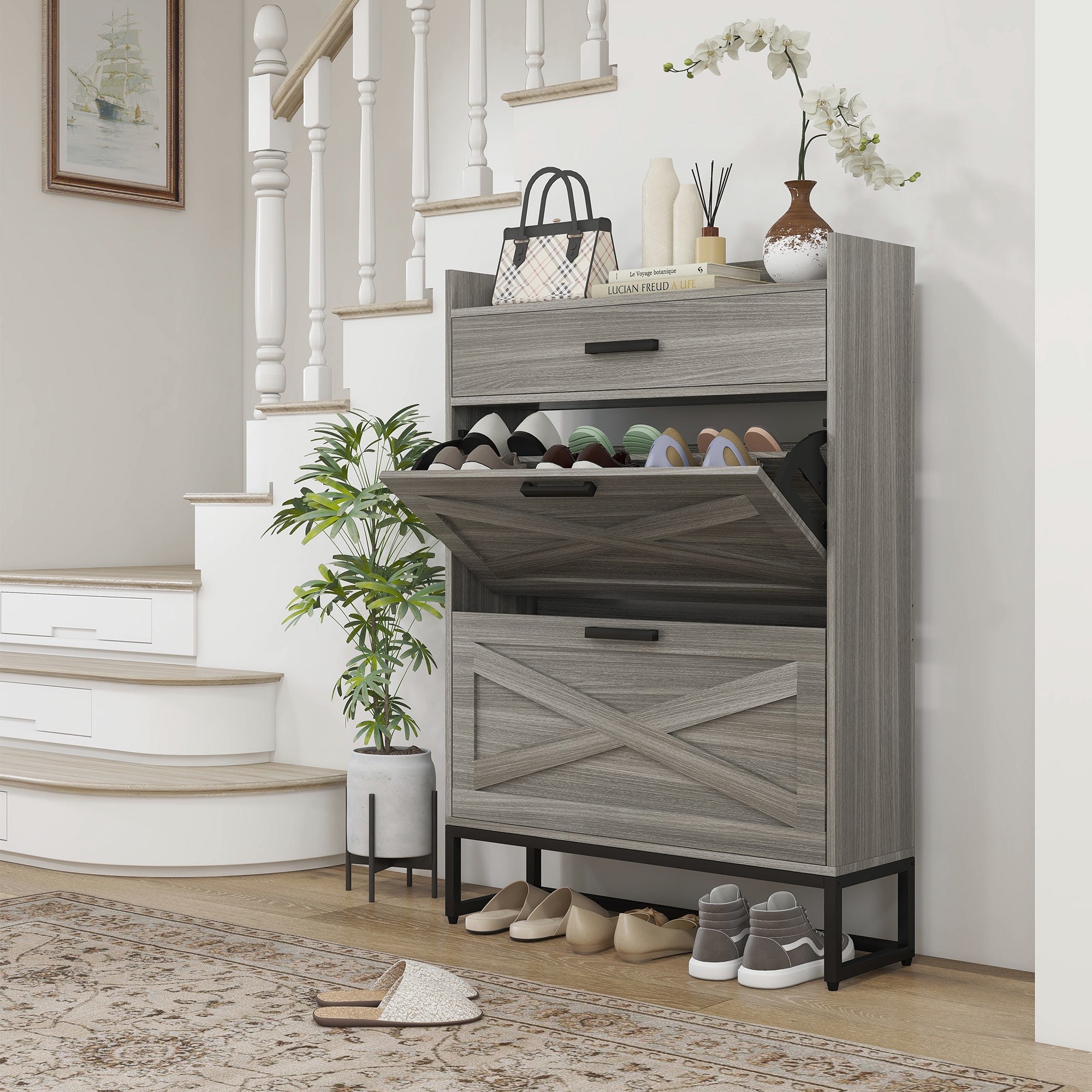 Slim Shoe Storage Cabinet w/ 2 Drawers & Adjustable Shelves for 12 Pairs, Distressed Gray - HOMCOM