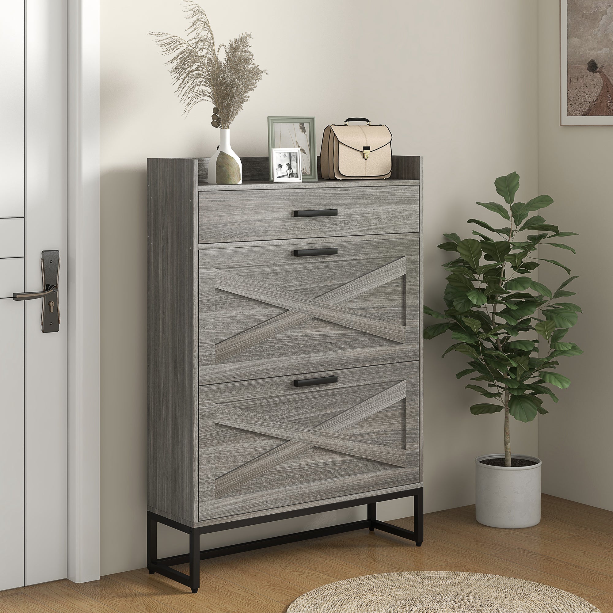 Slim Shoe Storage Cabinet w/ 2 Drawers & Adjustable Shelves for 12 Pairs, Distressed Gray - HOMCOM