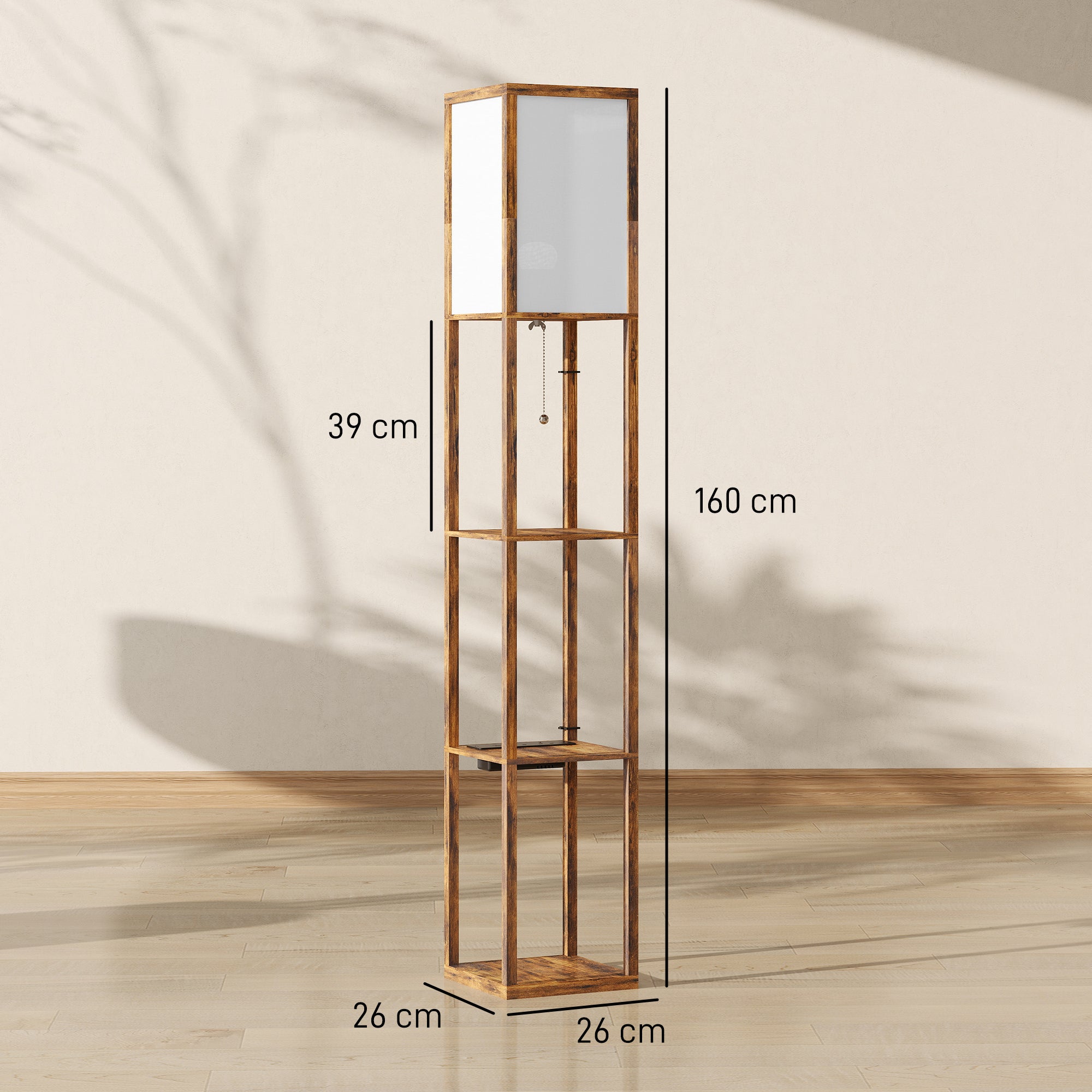 Floor Lamp with Shelves, 4 Layer Column Modern Standing Lamp with USB-A/C Ports and 3 Adjustable Colour Temperature for Living Room, Bedroom, Office, Rustic Brown