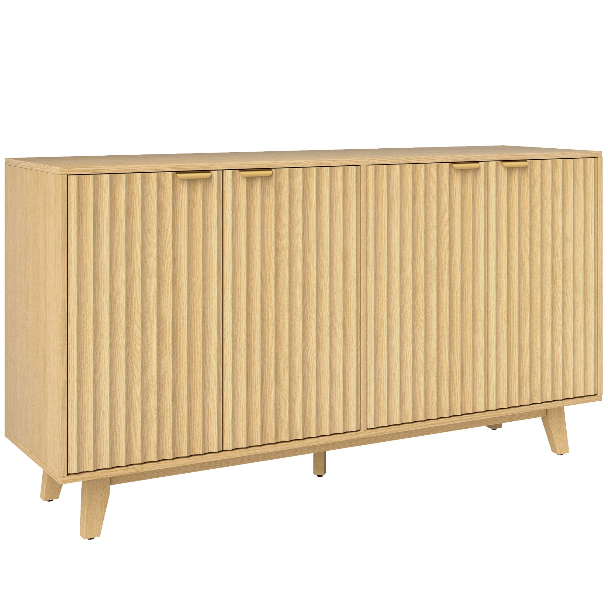HOMCOM Fluted Buffet Cabinet with Storage, 55" Modern Sideboard Storage Cabinet with 4 Doors, 2 Adjustable Shelves and 5 Wood Legs, Coffee Bar Cabinet, Nature Wood