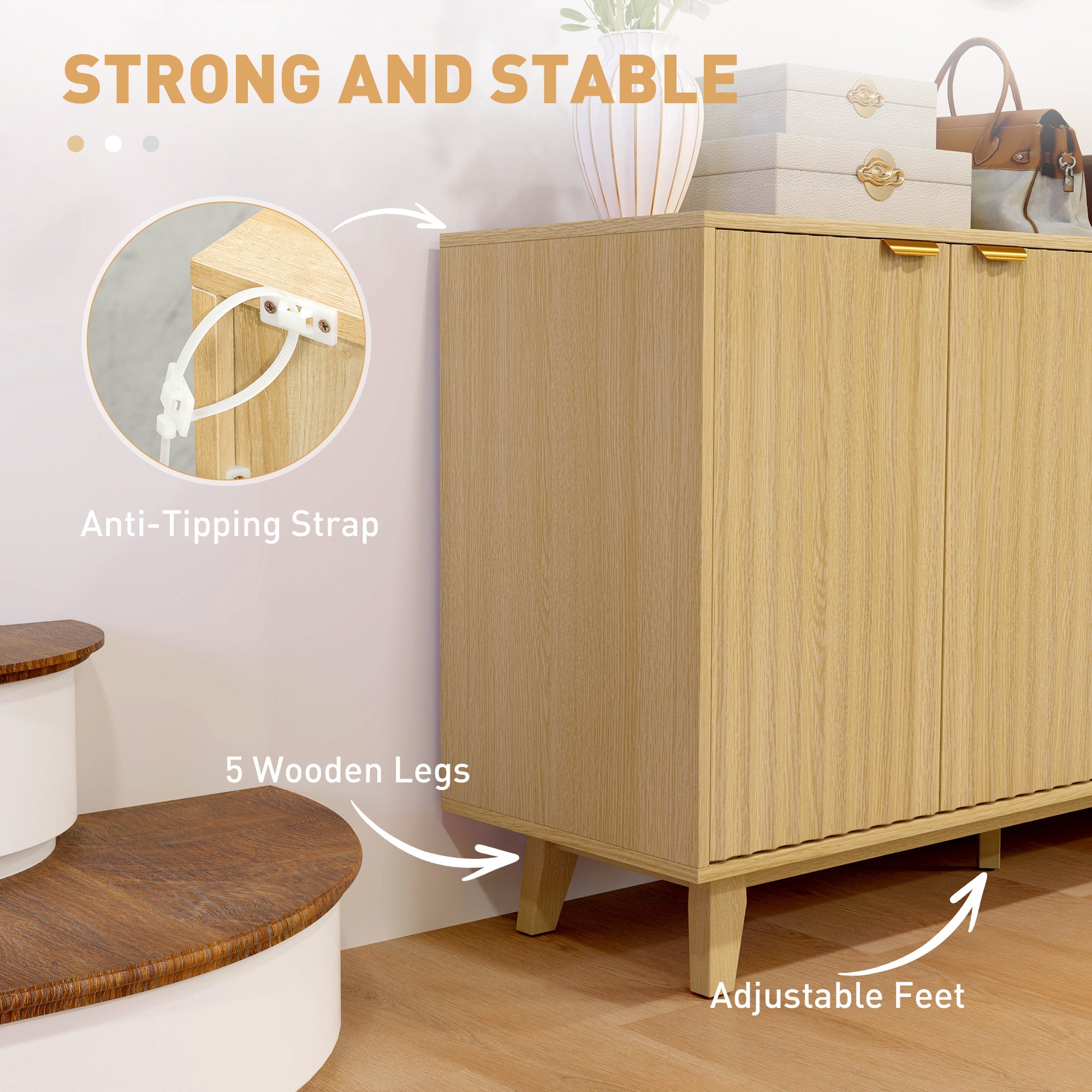 HOMCOM Fluted Buffet Cabinet with Storage, 55" Modern Sideboard Storage Cabinet with 4 Doors, 2 Adjustable Shelves and 5 Wood Legs, Coffee Bar Cabinet, Nature Wood