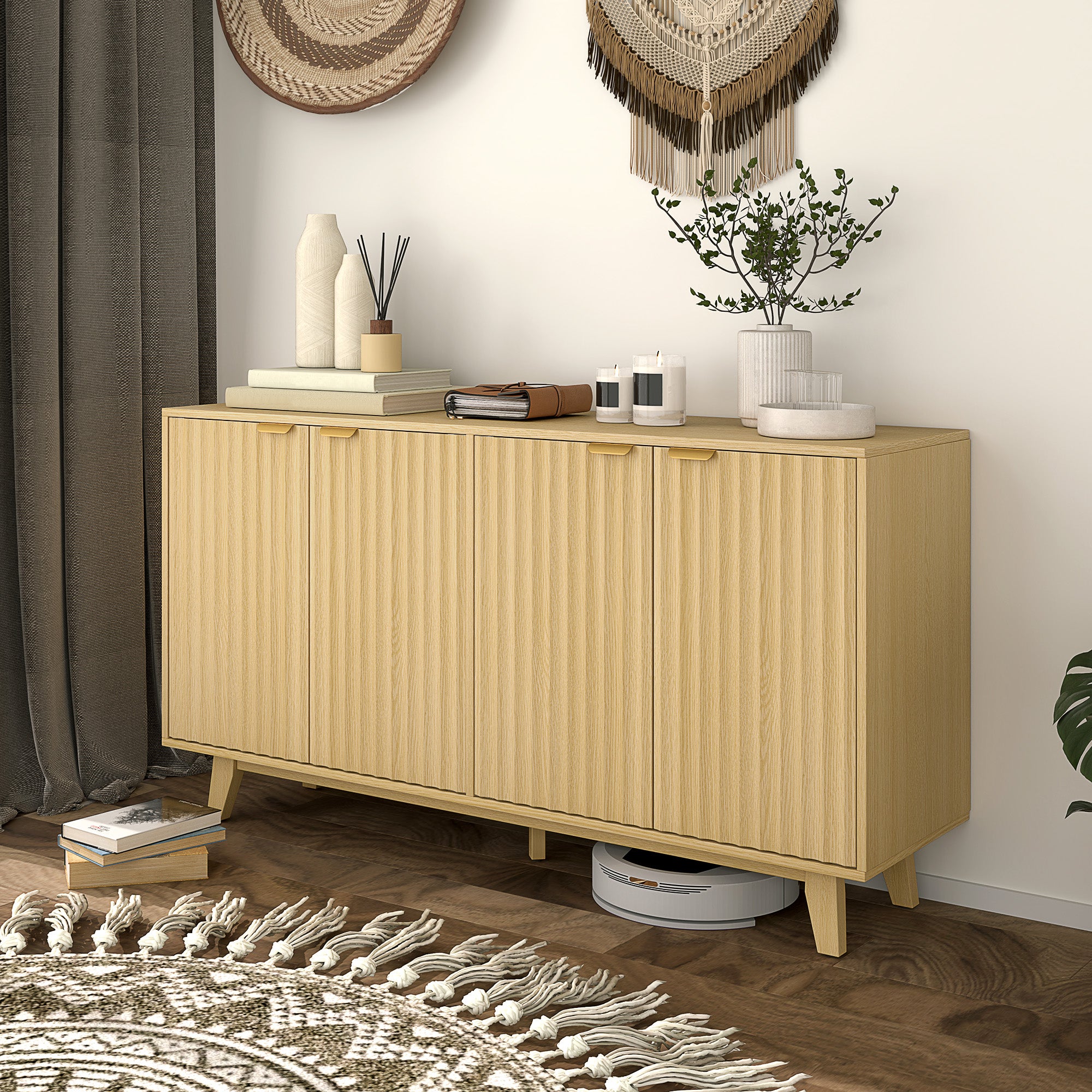 HOMCOM Fluted Buffet Cabinet with Storage, 55" Modern Sideboard Storage Cabinet with 4 Doors, 2 Adjustable Shelves and 5 Wood Legs, Coffee Bar Cabinet, Nature Wood