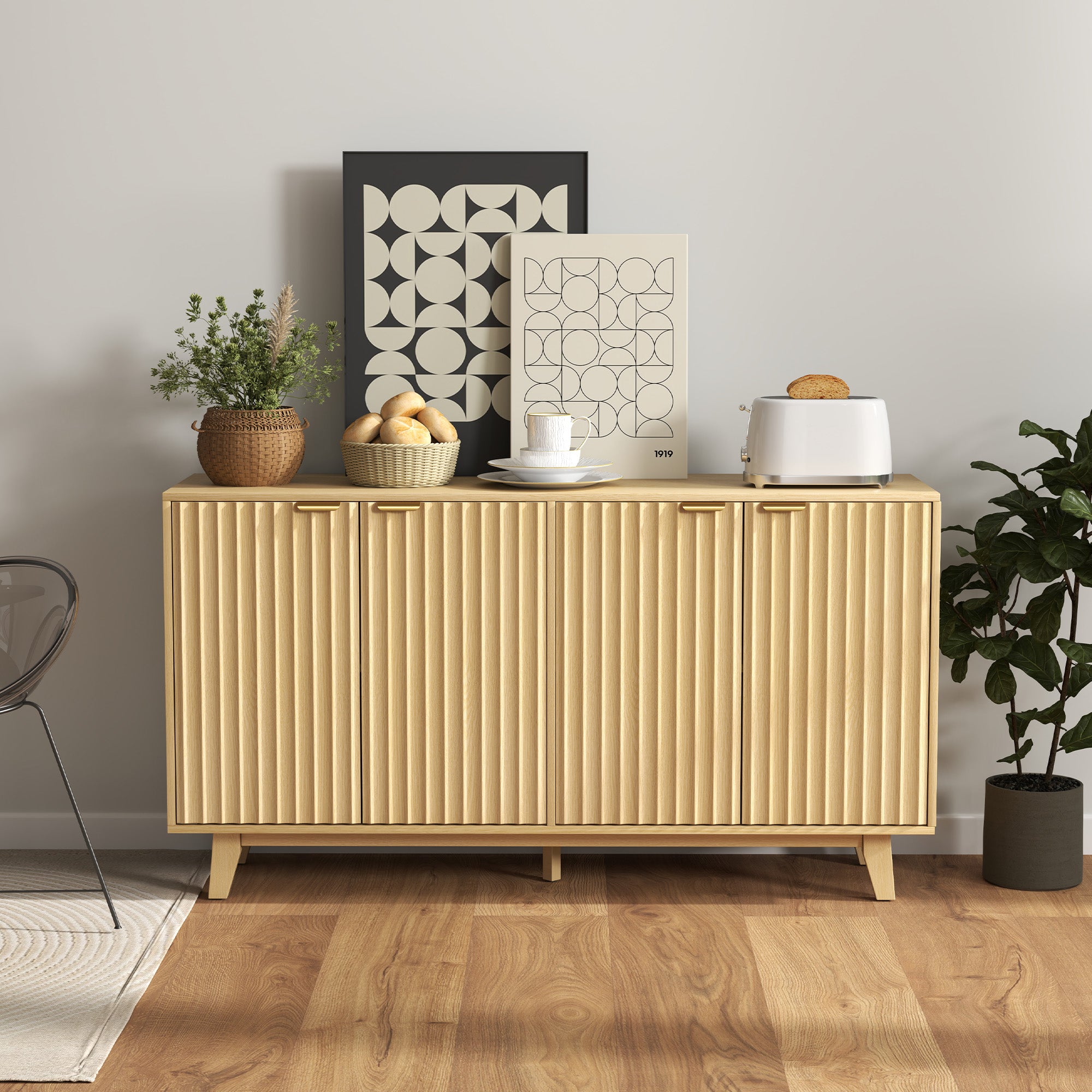 HOMCOM Fluted Buffet Cabinet with Storage, 55" Modern Sideboard Storage Cabinet with 4 Doors, 2 Adjustable Shelves and 5 Wood Legs, Coffee Bar Cabinet, Nature Wood