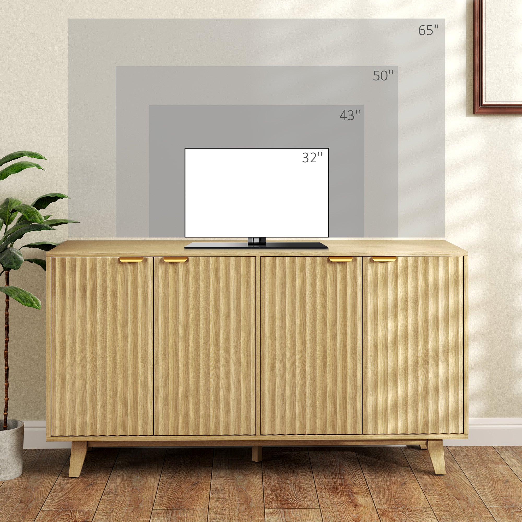 HOMCOM Fluted Buffet Cabinet with Storage, 55" Modern Sideboard Storage Cabinet with 4 Doors, 2 Adjustable Shelves and 5 Wood Legs, Coffee Bar Cabinet, Nature Wood