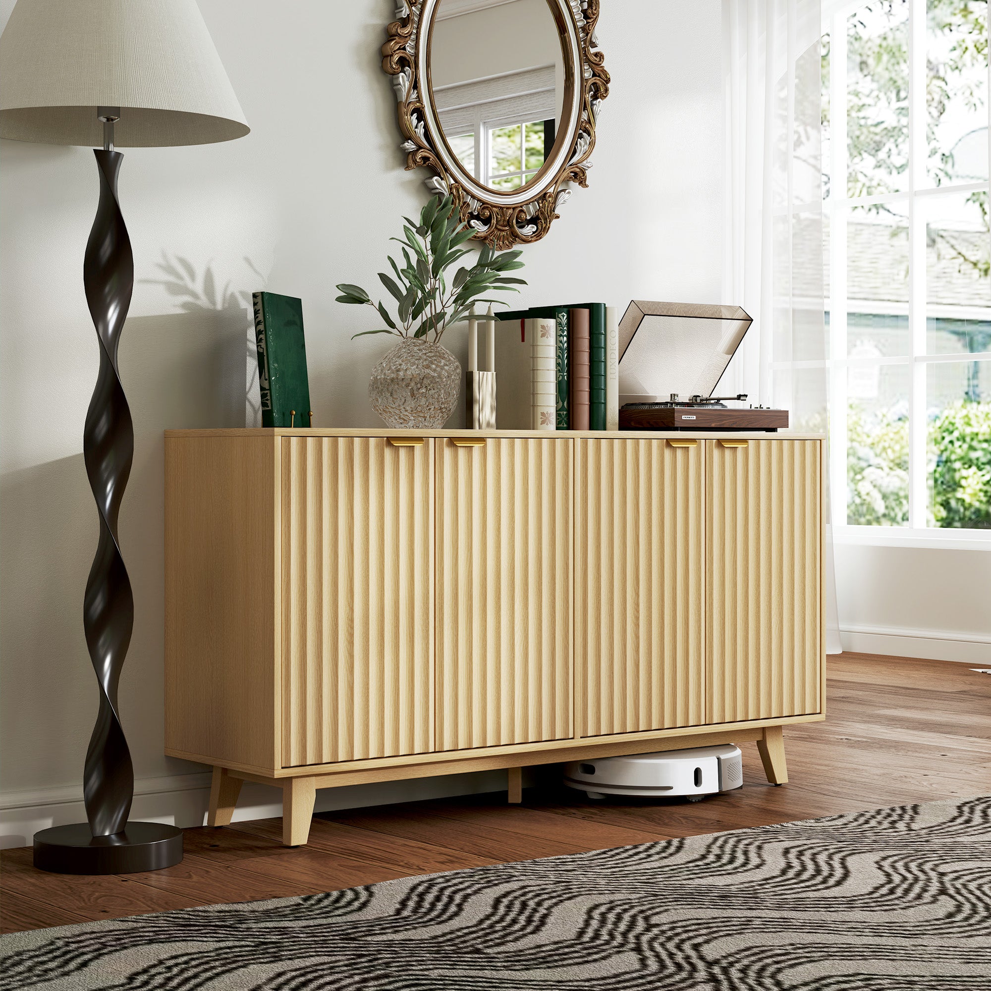 HOMCOM Fluted Buffet Cabinet with Storage, 55" Modern Sideboard Storage Cabinet with 4 Doors, 2 Adjustable Shelves and 5 Wood Legs, Coffee Bar Cabinet, Nature Wood