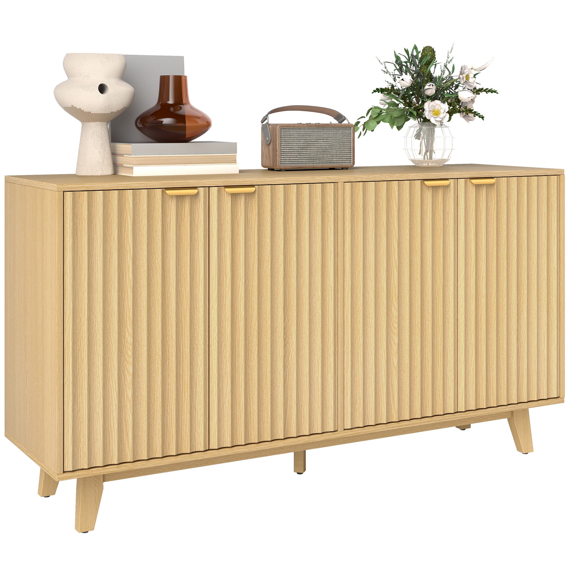 HOMCOM Fluted Buffet Cabinet with Storage, 55" Modern Sideboard Storage Cabinet with 4 Doors, 2 Adjustable Shelves and 5 Wood Legs, Coffee Bar Cabinet, Nature Wood