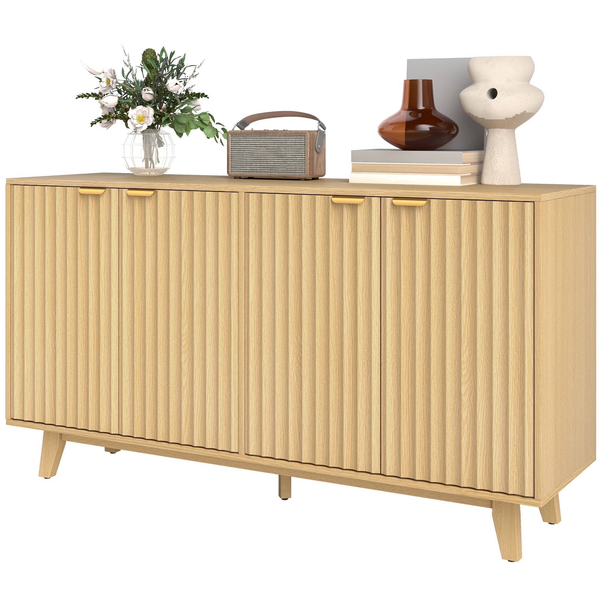 HOMCOM Fluted Buffet Cabinet with Storage, 55" Modern Sideboard Storage Cabinet with 4 Doors, 2 Adjustable Shelves and 5 Wood Legs, Coffee Bar Cabinet, Nature Wood