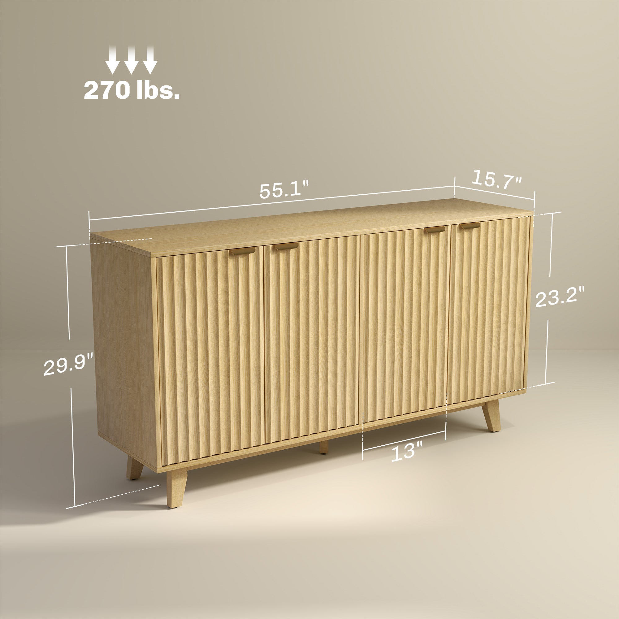 HOMCOM Fluted Buffet Cabinet with Storage, 55" Modern Sideboard Storage Cabinet with 4 Doors, 2 Adjustable Shelves and 5 Wood Legs, Coffee Bar Cabinet, Nature Wood