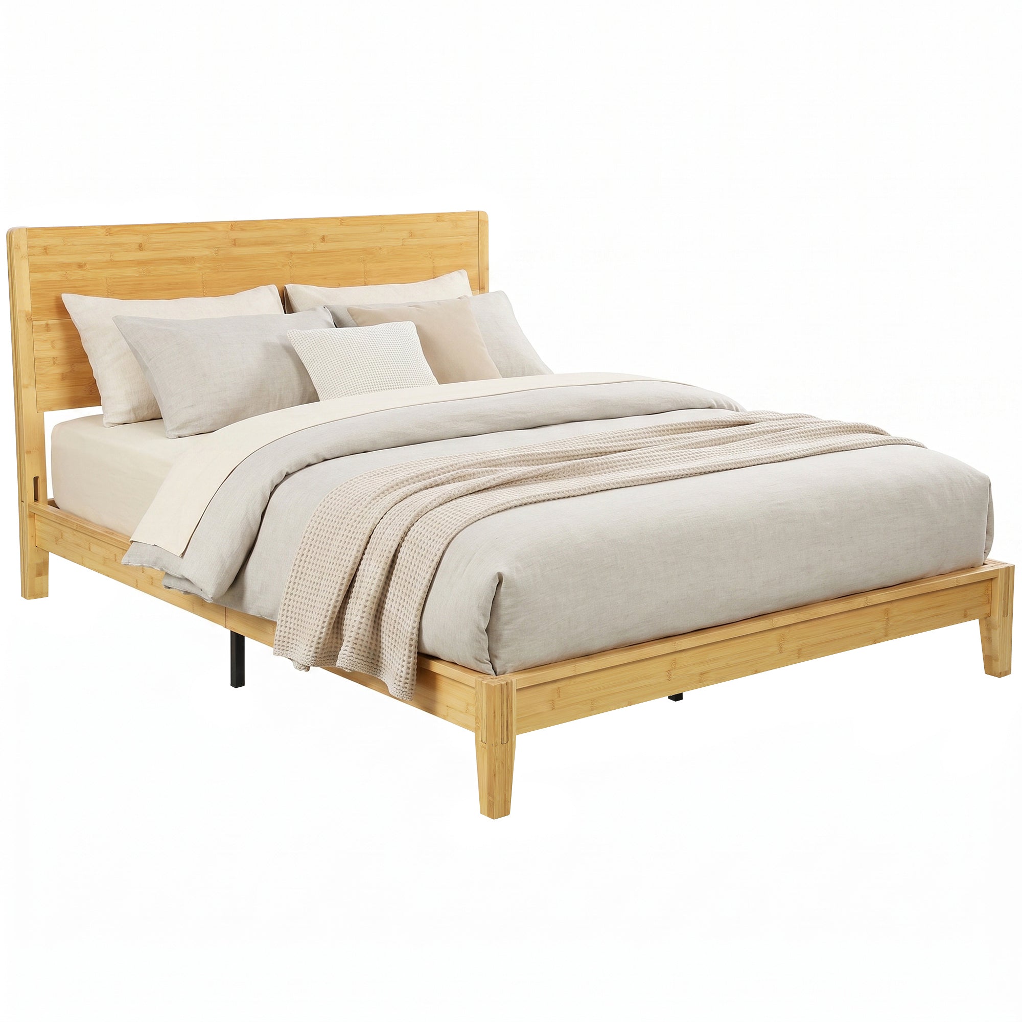 Queen Size Bamboo Platform Bed Frame with Headboard, Bed Frame with 12 Poplar Slats, No Box Spring Needed, Easy Assembly, Natural