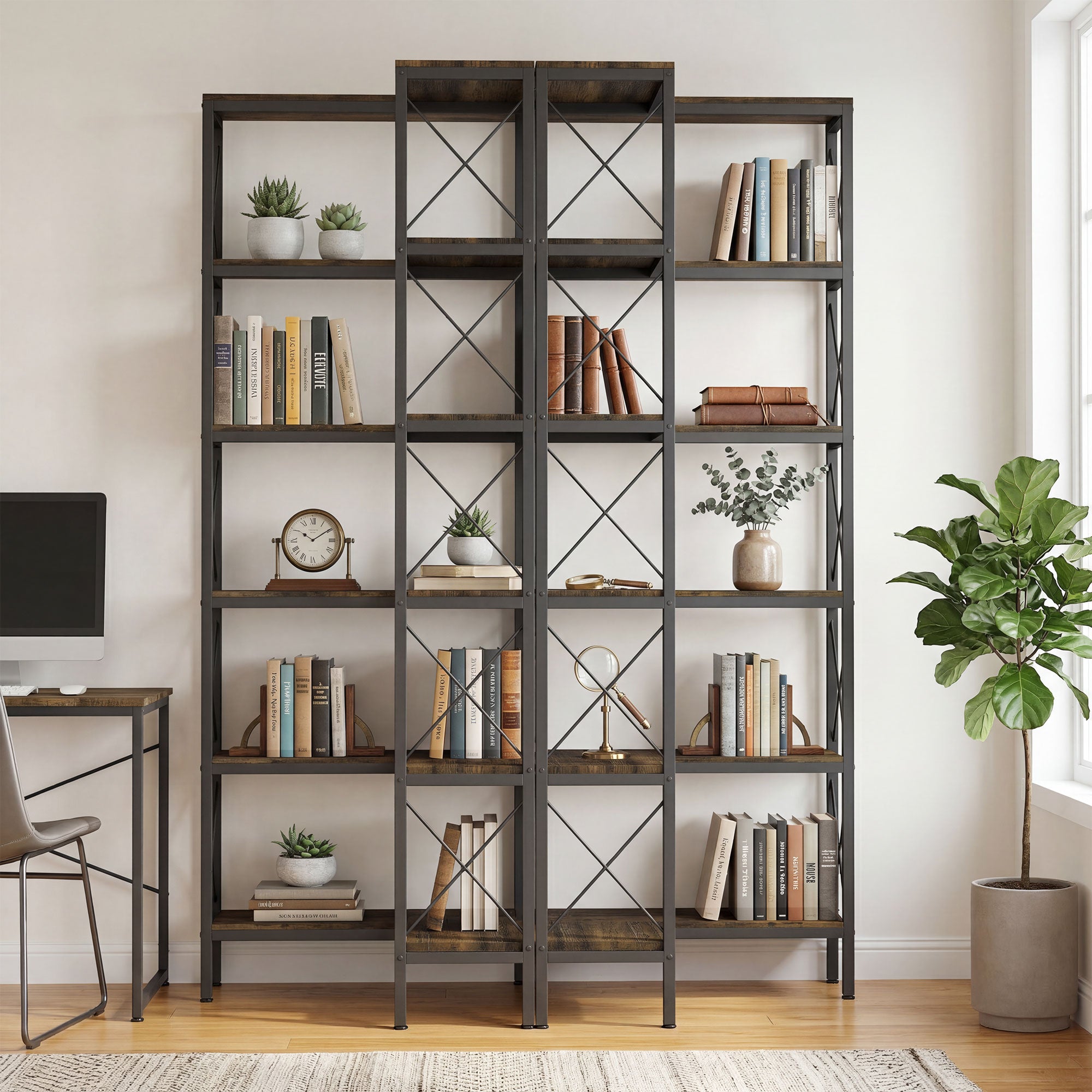 L-Shaped Bookshelf, 5-Tier Corner Bookcase, Freestanding Storage Shelf with Metal Frame for Living Room, Home Study, Rustic Brown