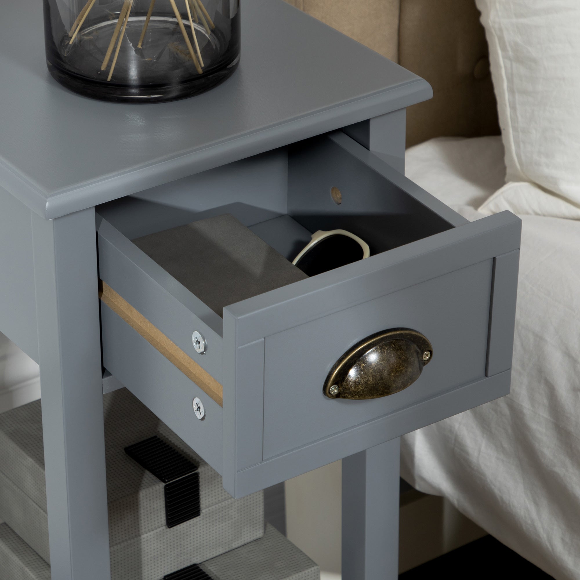 2 Tier Side Table, Nightstand End Table with Drawer and Bottom Shelf, Grey