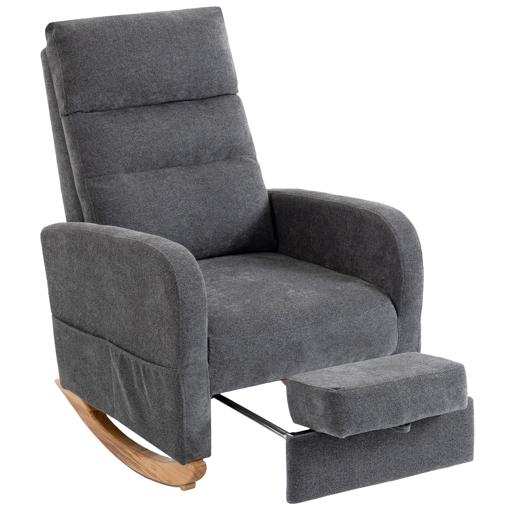Upholstered Rocking Chair with Retractable Footrest, Modern Armchair with High Back, Plywood Frame and Rubberwood Feet for Living Room, Bedroom, Grey