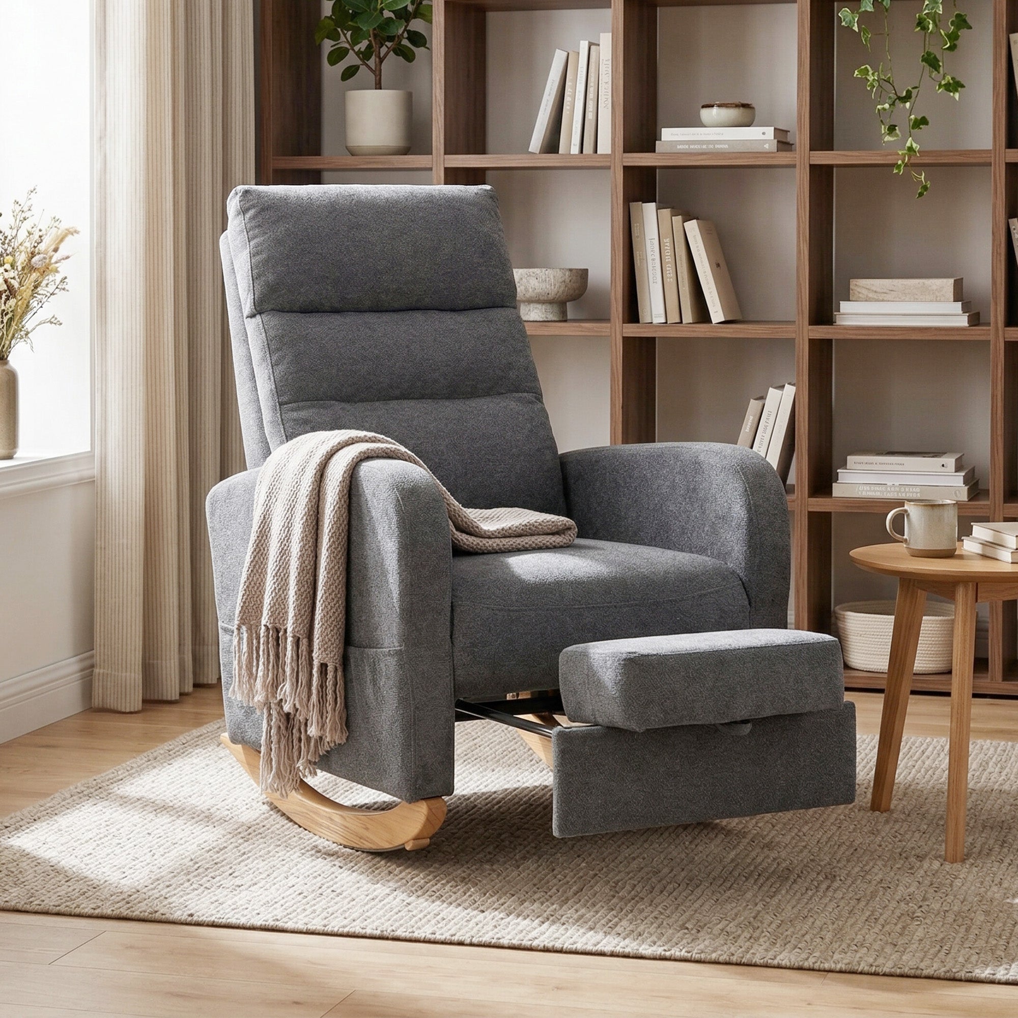 Upholstered Rocking Chair with Retractable Footrest, Modern Armchair with High Back, Plywood Frame and Rubberwood Feet for Living Room, Bedroom, Grey