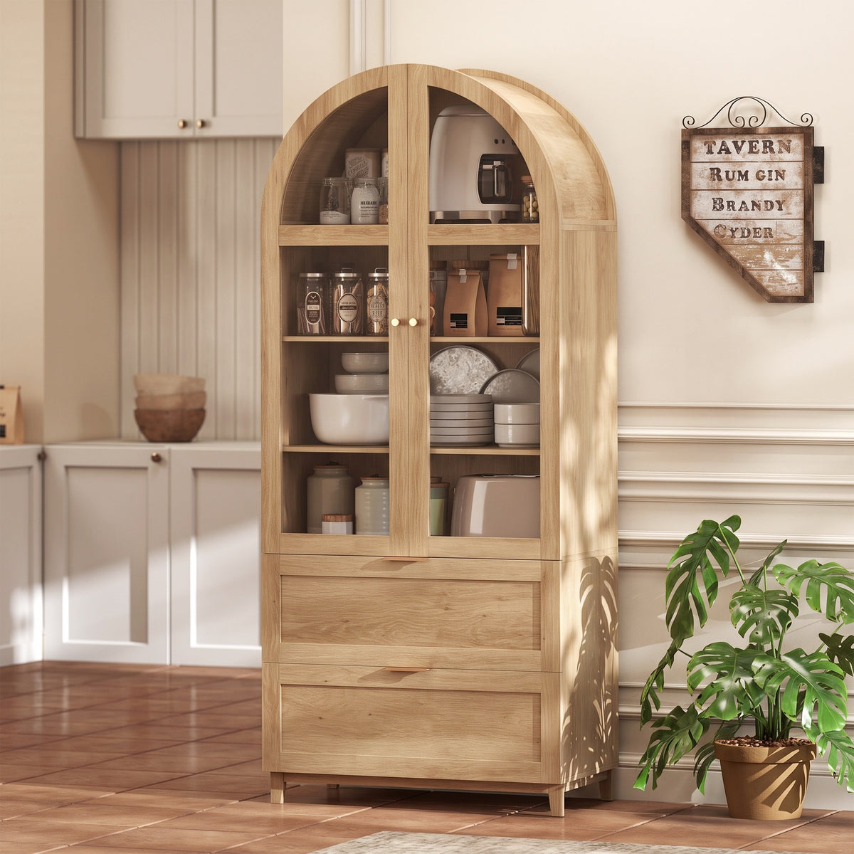 71" Tall Arched Kitchen Pantry Cabinet, Farmhouse Freestanding Kitchen Storage Cabinet with Adjustable Shelves, 2 Drawers, Acrylic Glass Doors for Dining Room, Oak Wood Grain
