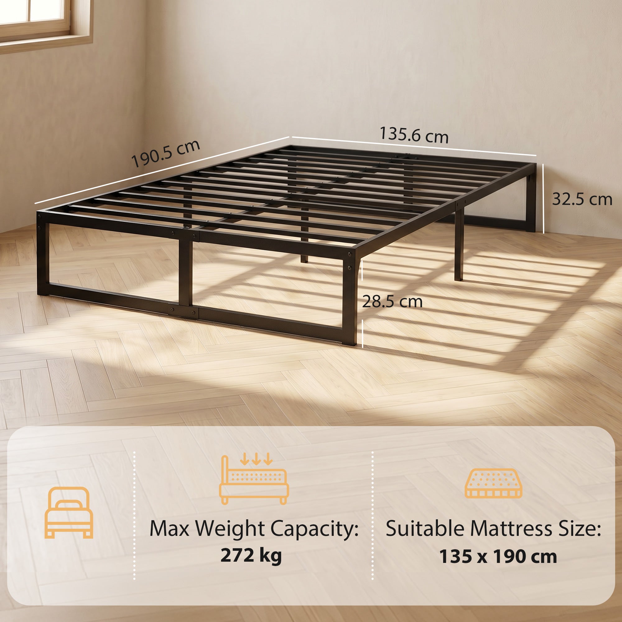 4ft6 Double Bed Frame with Underbed Storage, 32.5 cm Height, Metal Platform Bed Frame with Steel Slat Support, Noise-Free, Easy Assembly, Black