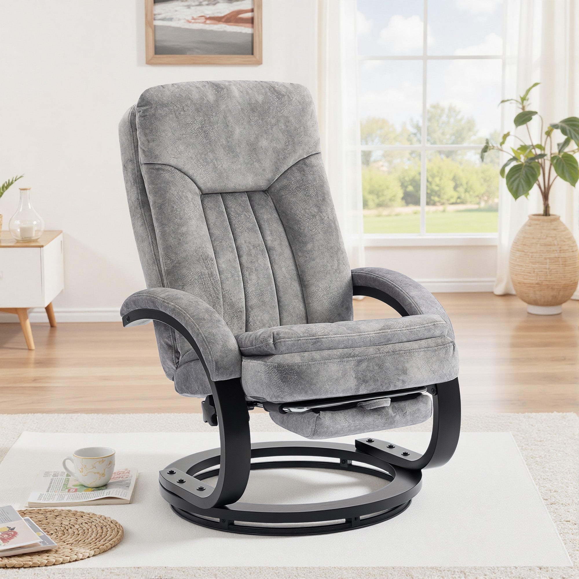 Swivel Recliner Chair with Footrest, Manual Recliner Armchair with Wooden Base, Plush Velvet Upholstered Reclining Chair for Living Room, Bedroom, Office, Grey