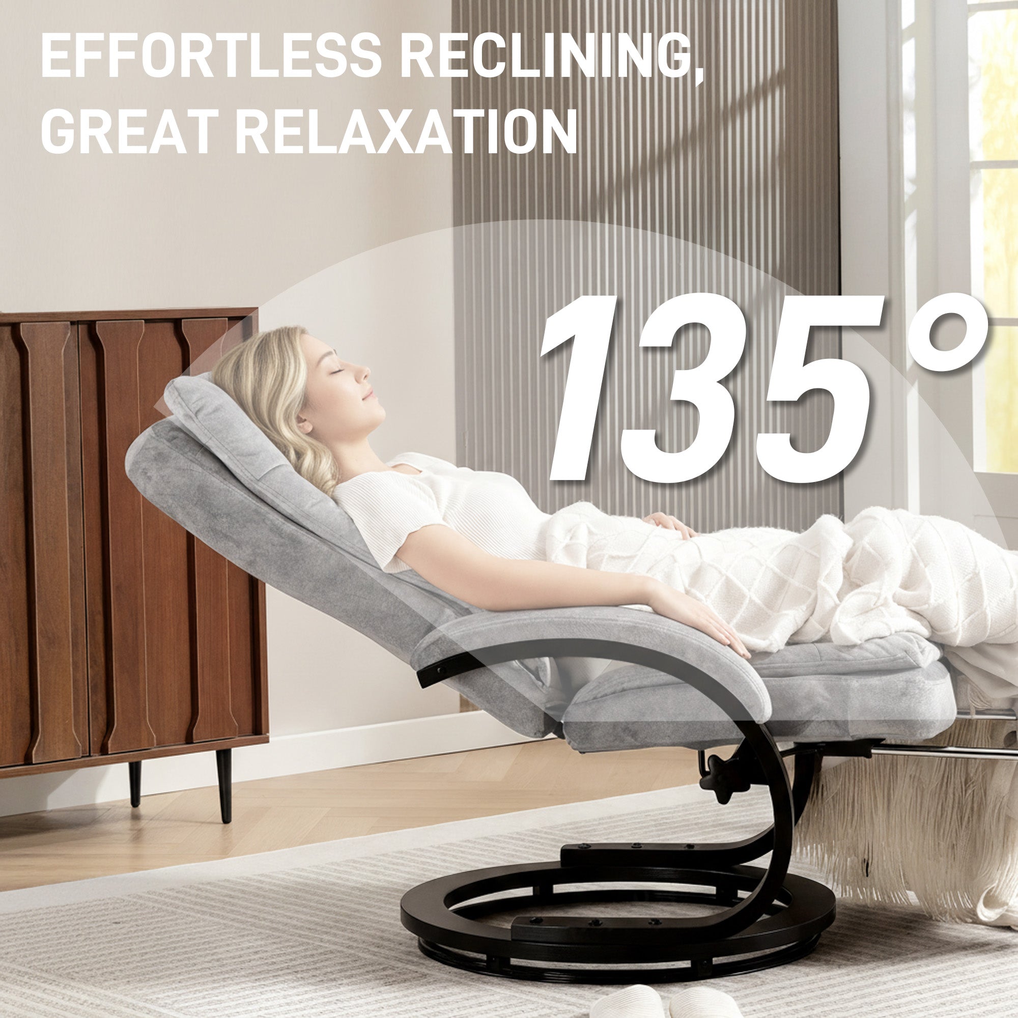 Swivel Recliner Chair with Footrest, Manual Recliner Armchair with Wooden Base, Plush Velvet Upholstered Reclining Chair for Living Room, Bedroom, Office, Grey