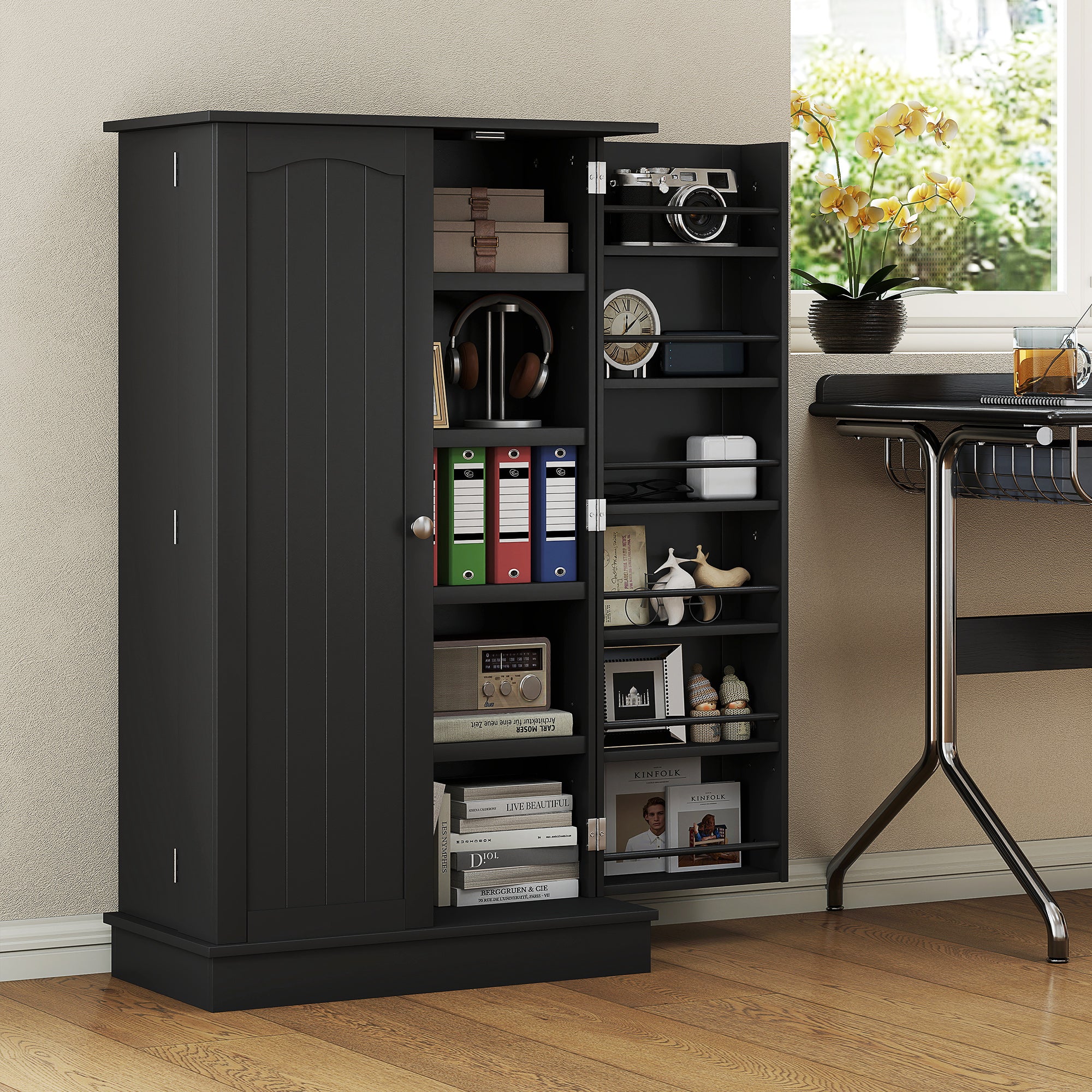 41" Kitchen Pantry Cabinet, 2-Door Buffet Storage Cabinet with 12 Spice Racks and Adjustable Shelves, Black