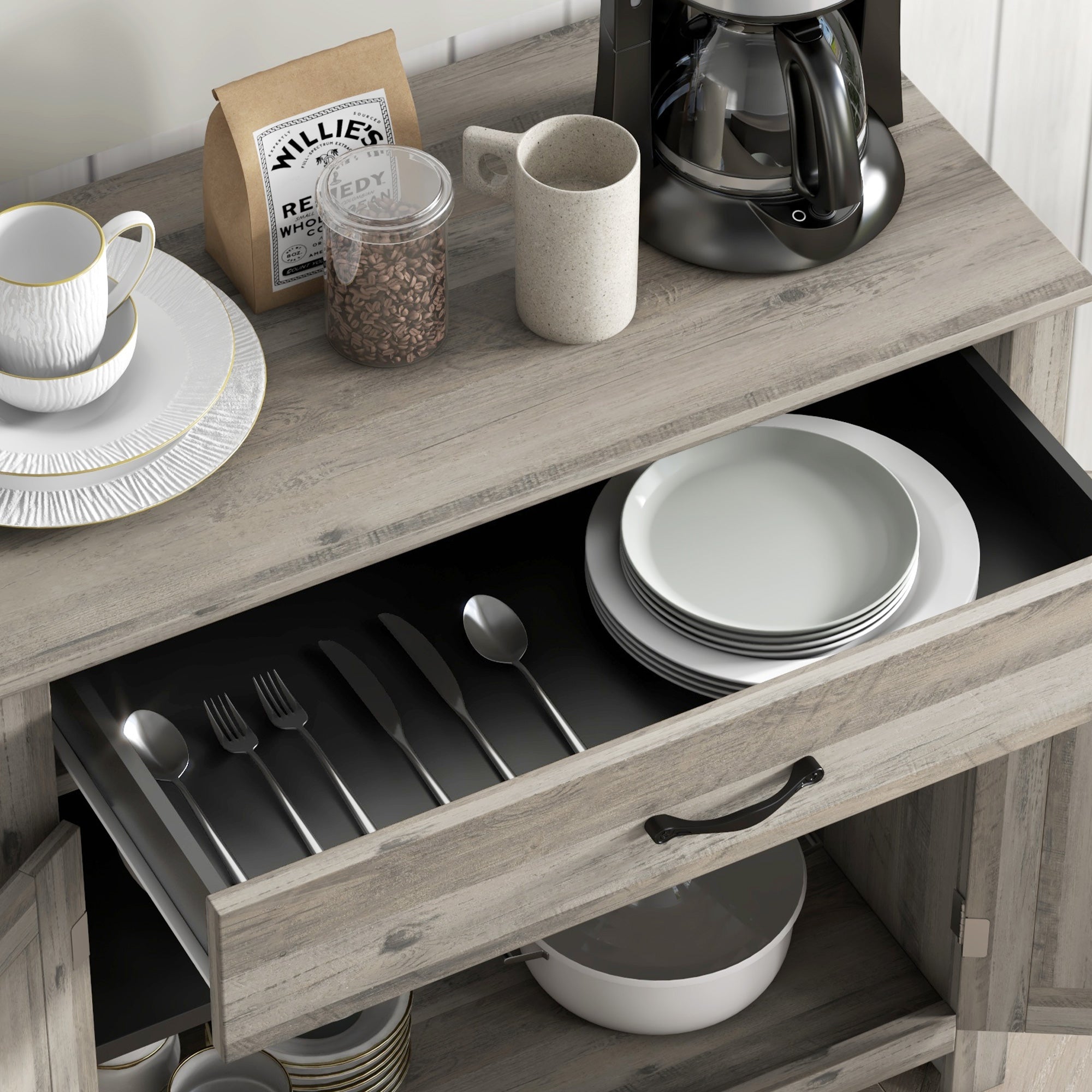 Farmhouse Sideboard Cabinet with Barn Doors, Drawer & Adjustable Shelf, Gray Wash