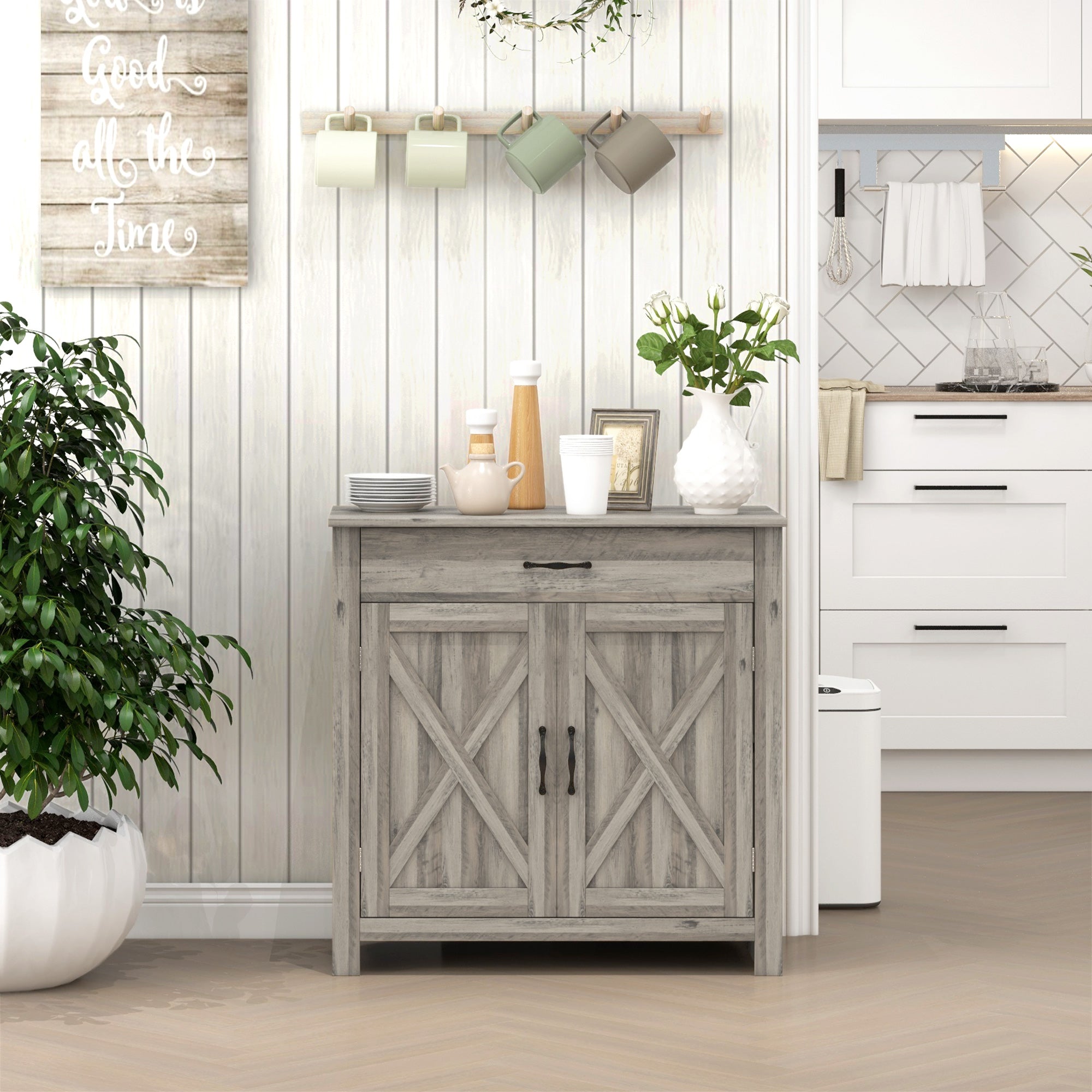 Farmhouse Sideboard Cabinet with Barn Doors, Drawer & Adjustable Shelf, Gray Wash