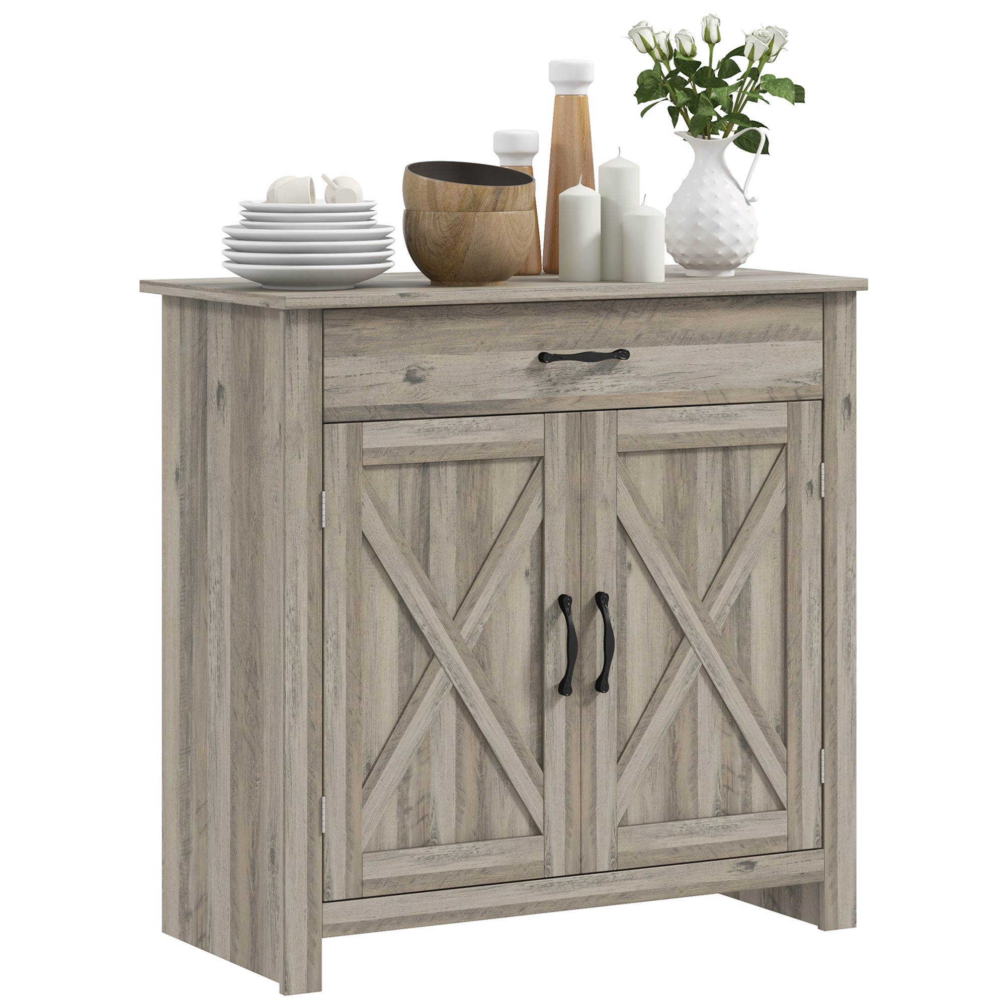 Farmhouse Sideboard Cabinet with Barn Doors, Drawer & Adjustable Shelf, Gray Wash