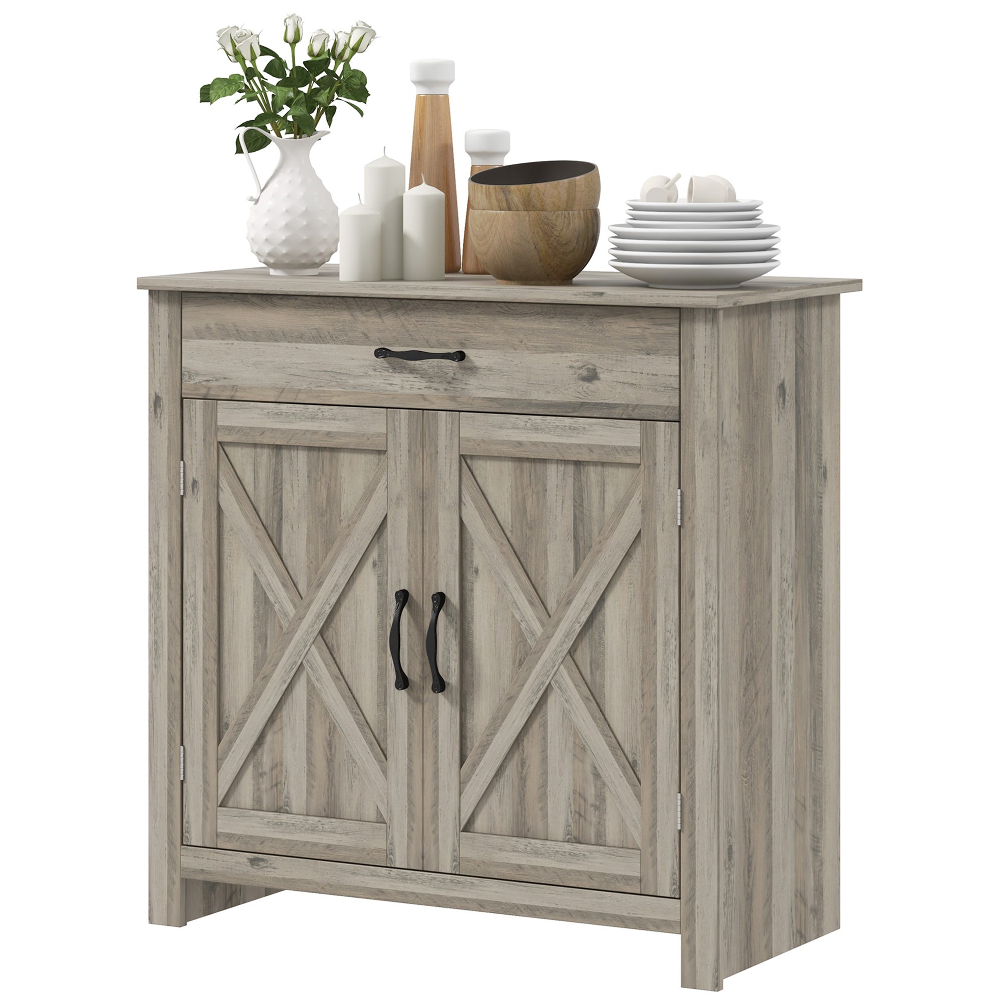 Farmhouse Sideboard Cabinet with Barn Doors, Drawer & Adjustable Shelf, Gray Wash