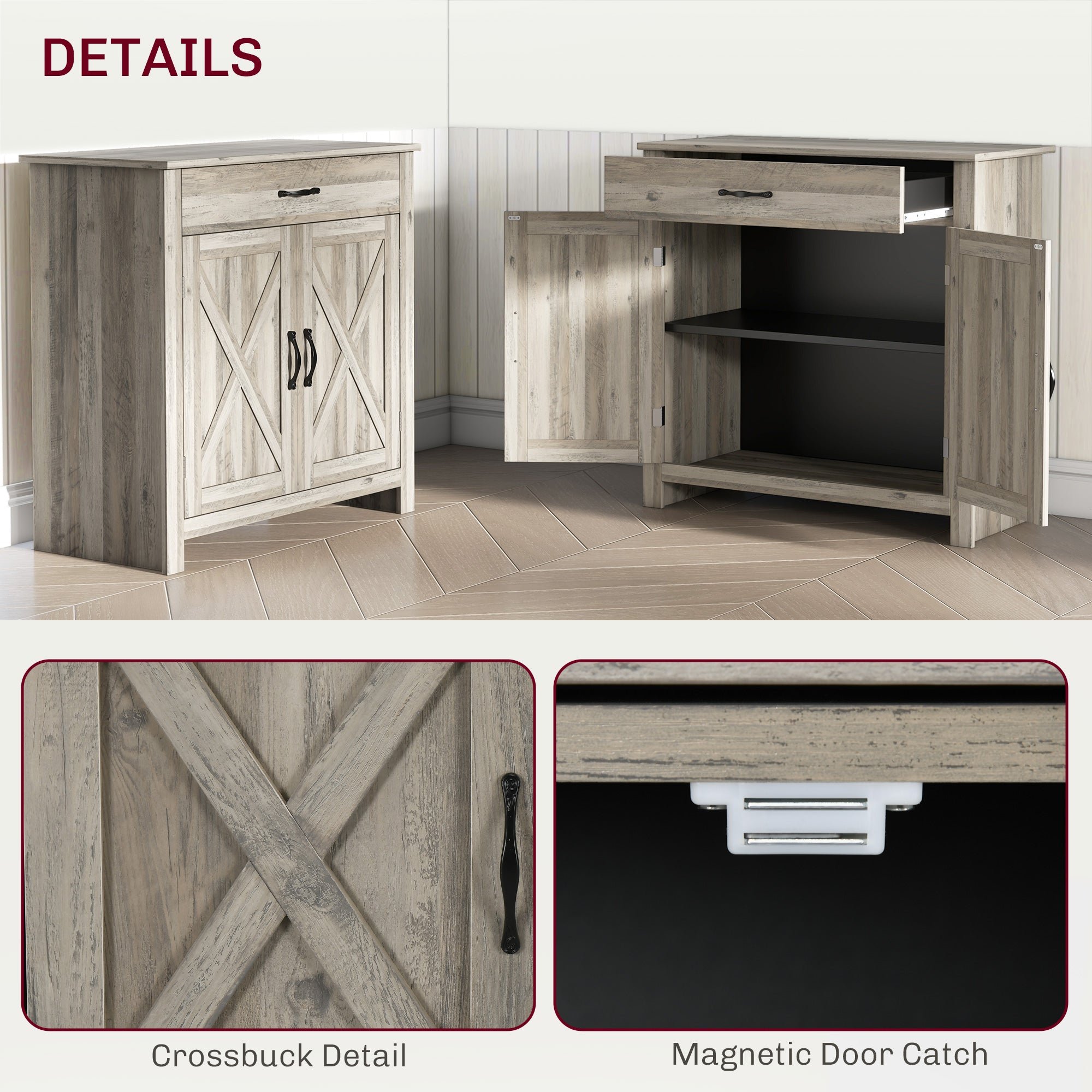Farmhouse Sideboard Cabinet with Barn Doors, Drawer & Adjustable Shelf, Gray Wash