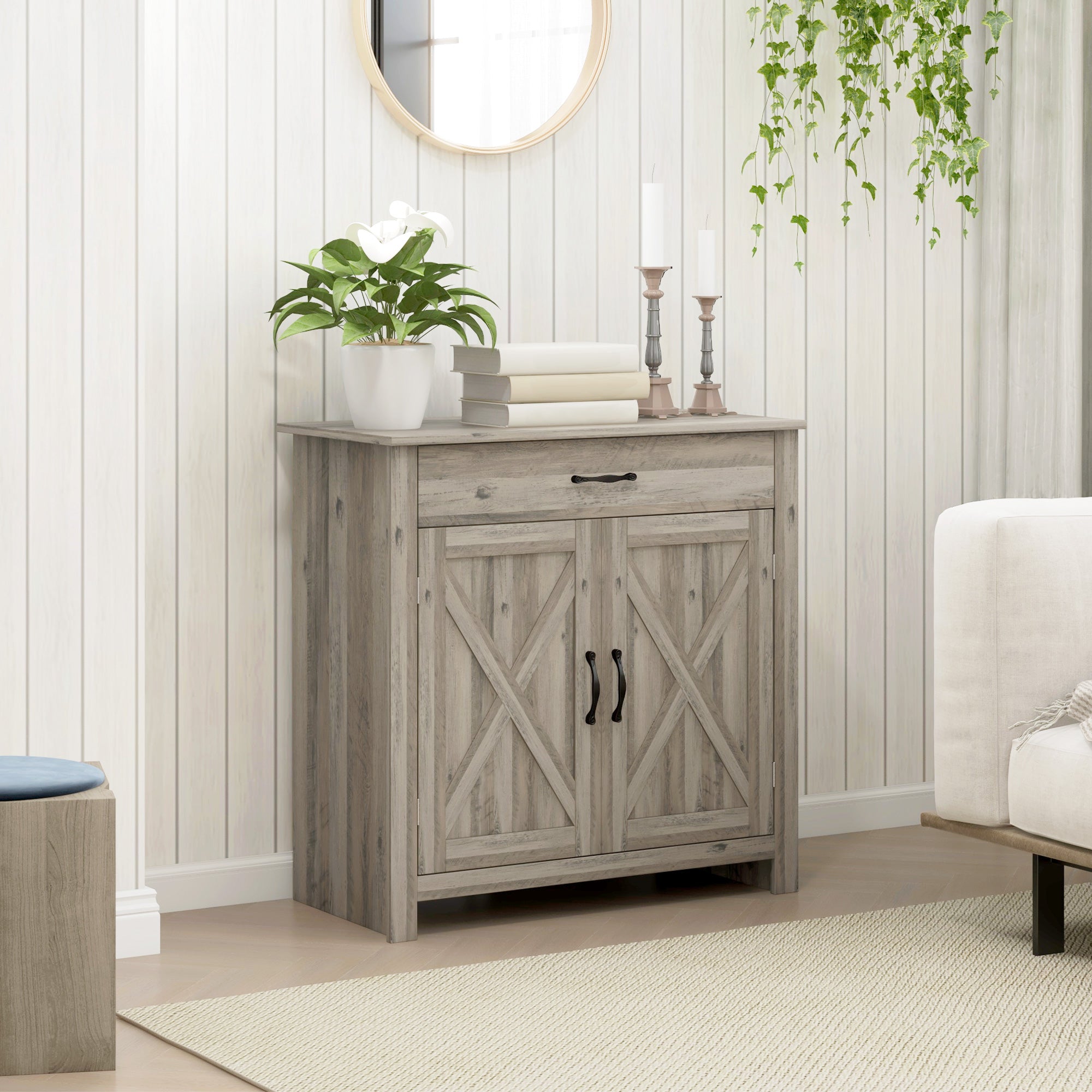 Farmhouse Sideboard Cabinet with Barn Doors, Drawer & Adjustable Shelf, Gray Wash