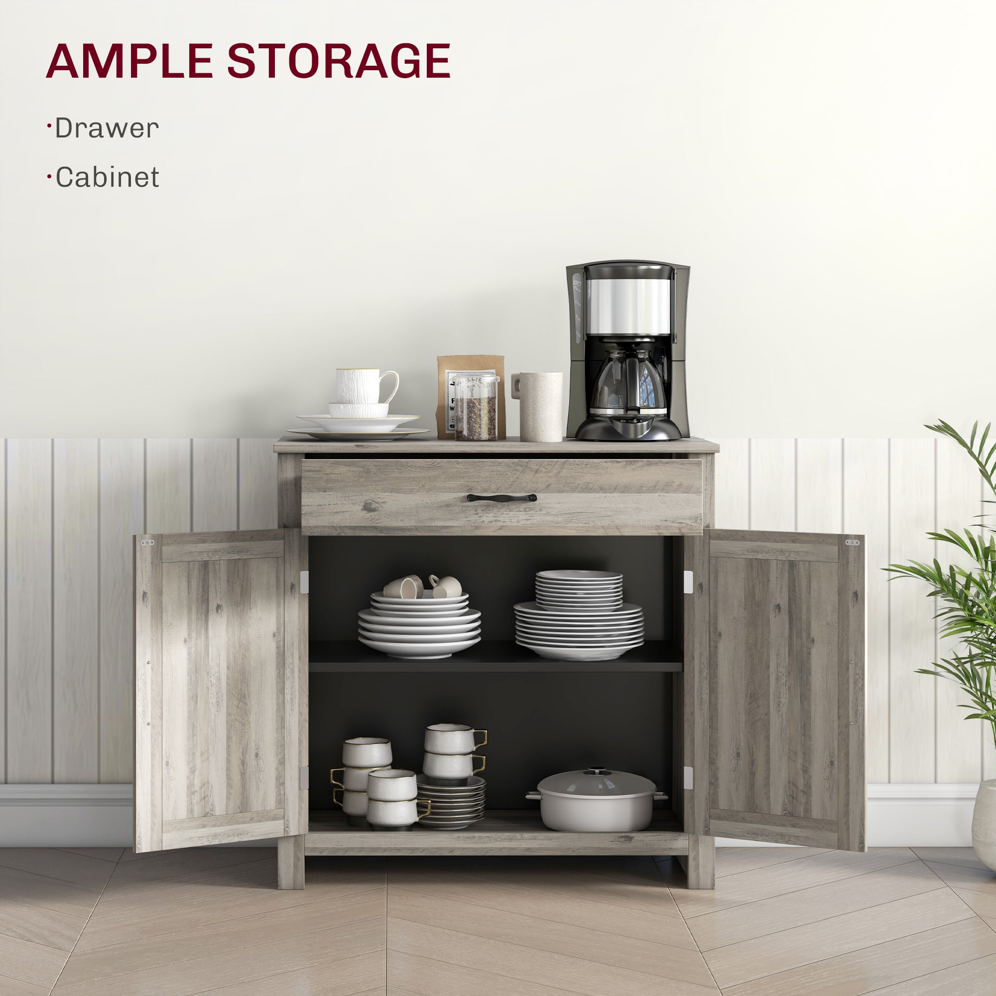 Farmhouse Sideboard Cabinet with Barn Doors, Drawer & Adjustable Shelf, Gray Wash