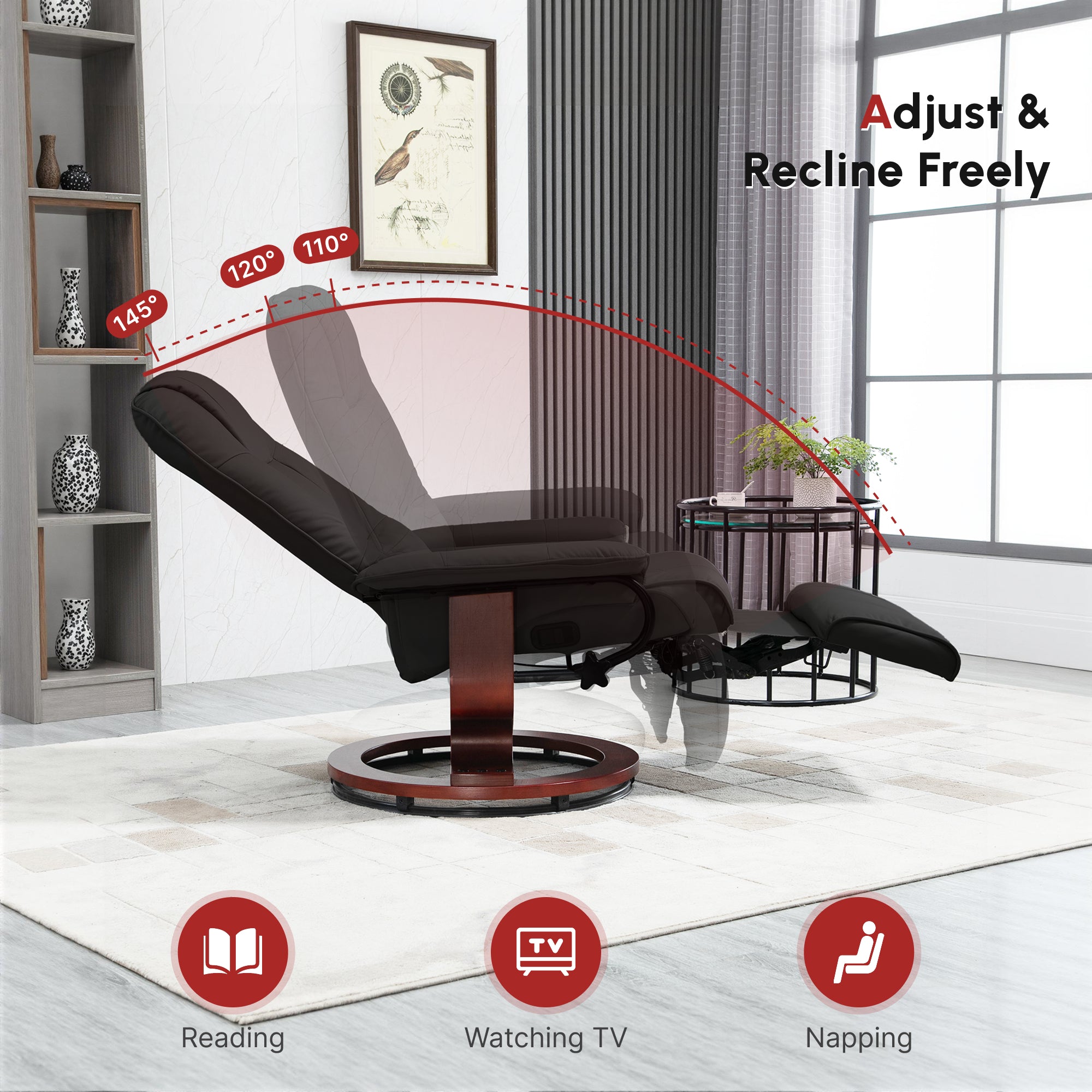 Manual Recliner Chair with Faux Leather Upholstered & Wooden Base for Living Room, Black - HOMCOM