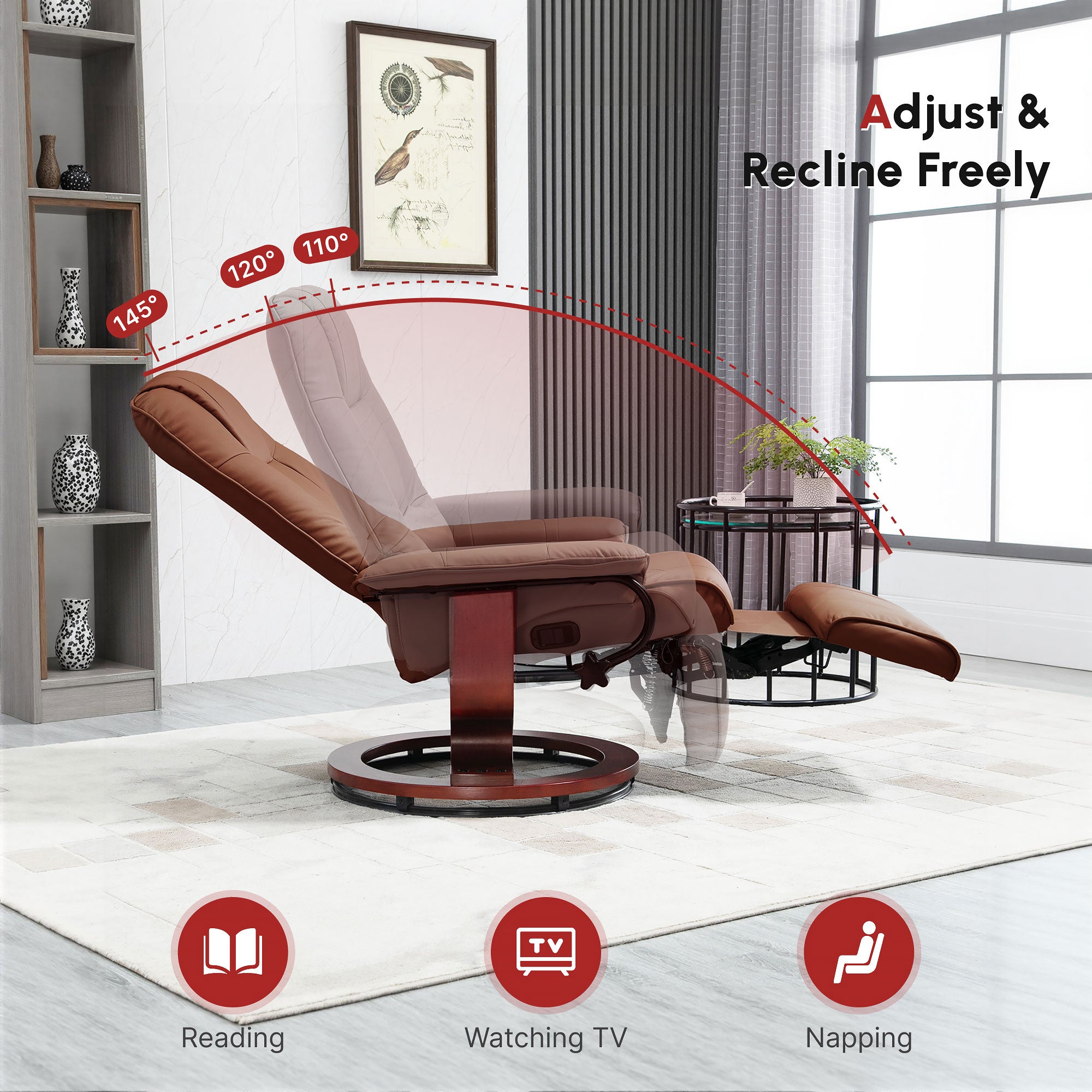 Manual Recliner Chair with Faux Leather Upholstered & Wooden Base for Living Room, Brown - HOMCOM