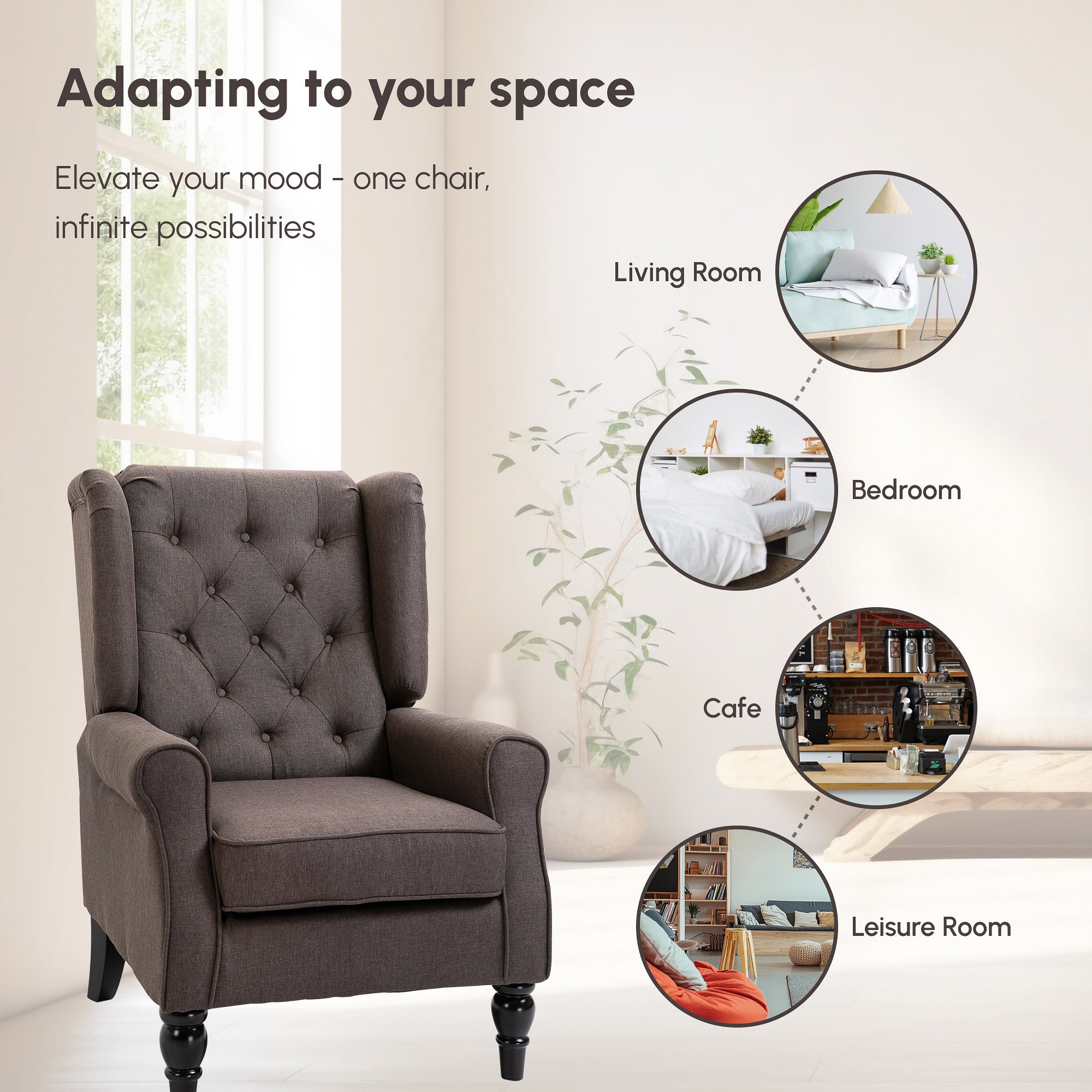 Mid-CenturyAccent Chair w/ High Wingback, Button-Tufted Fabric & Retro Wood Legs, Dark Brown