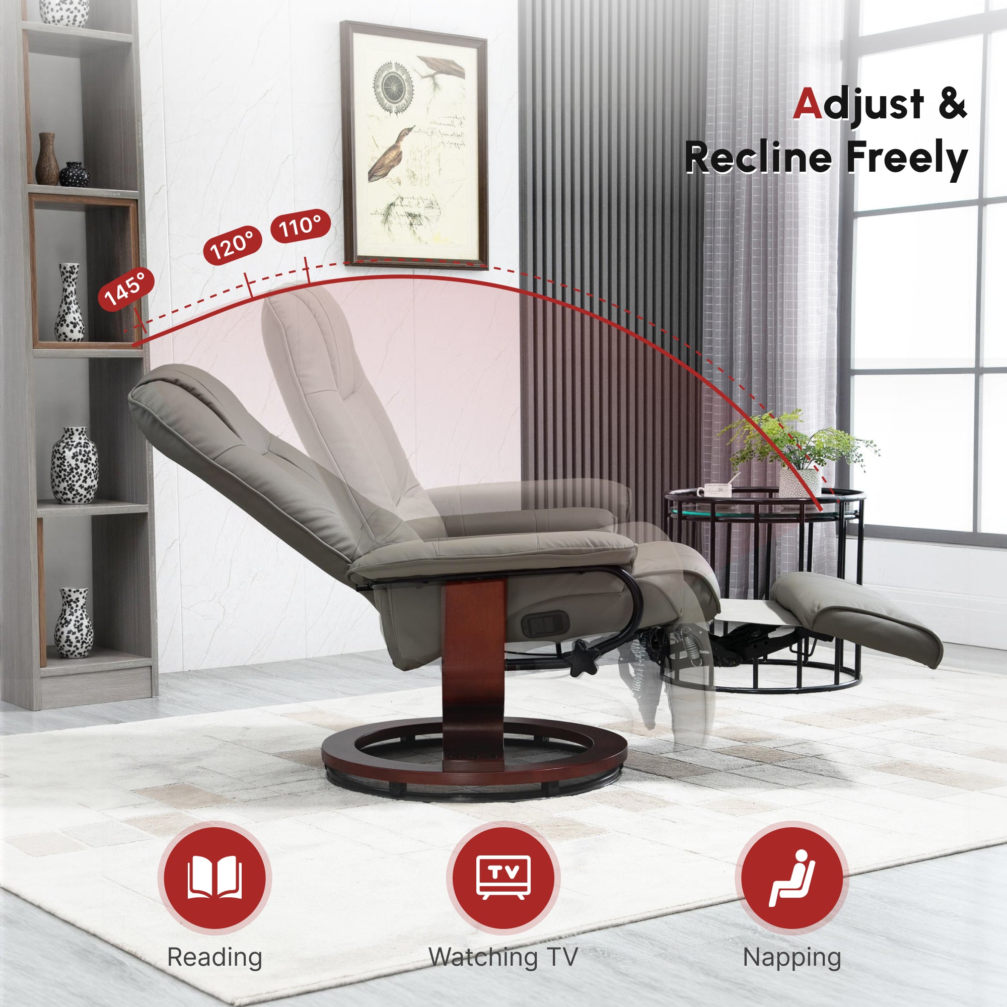 Manual Recliner Chair with Faux Leather Upholstered & Wooden Base for Living Room, Grey - HOMCOM