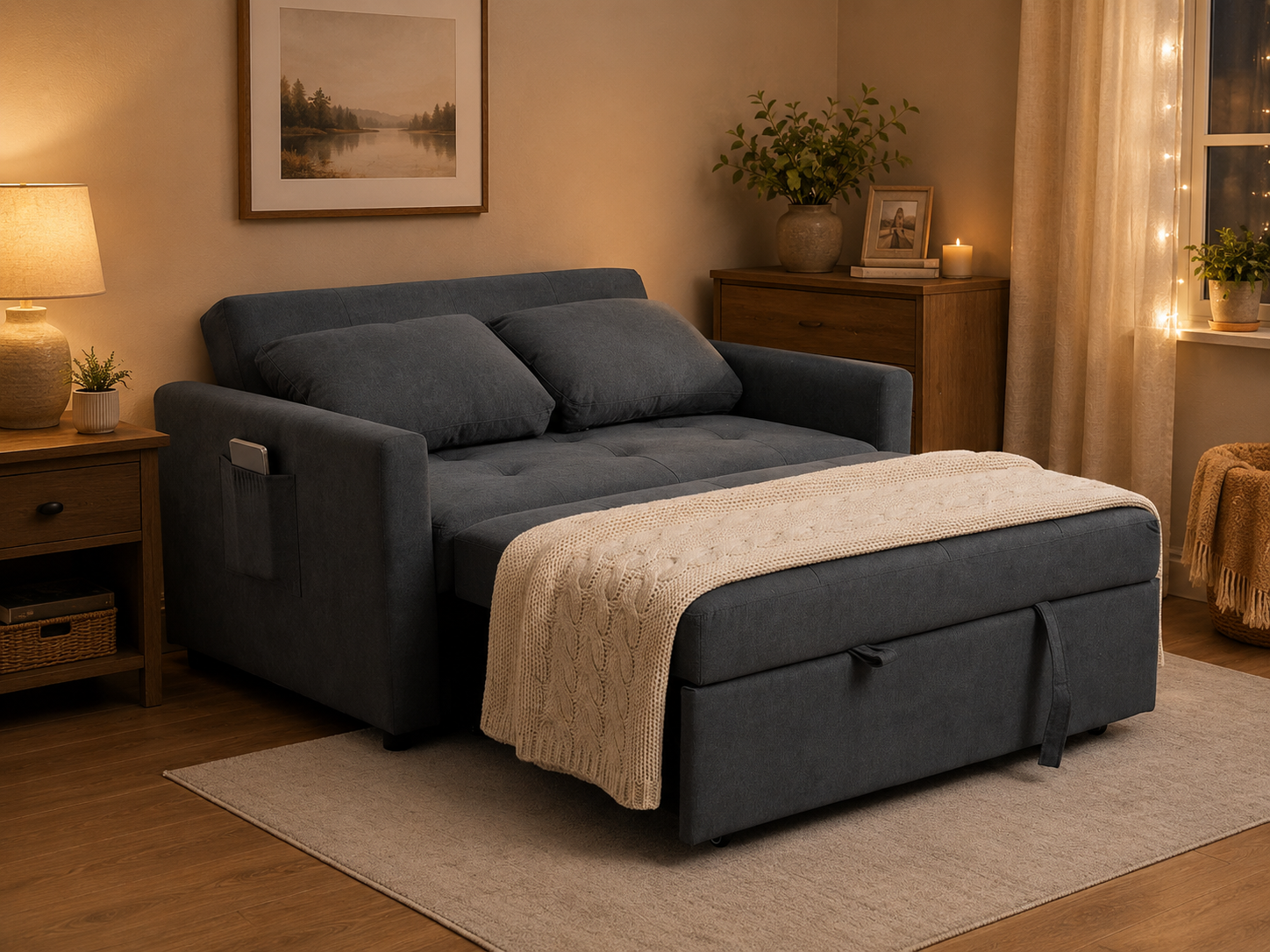 Modern Fabric Loveseat Sofa Bed with Cushions & Side Pockets for Living Room, Blue