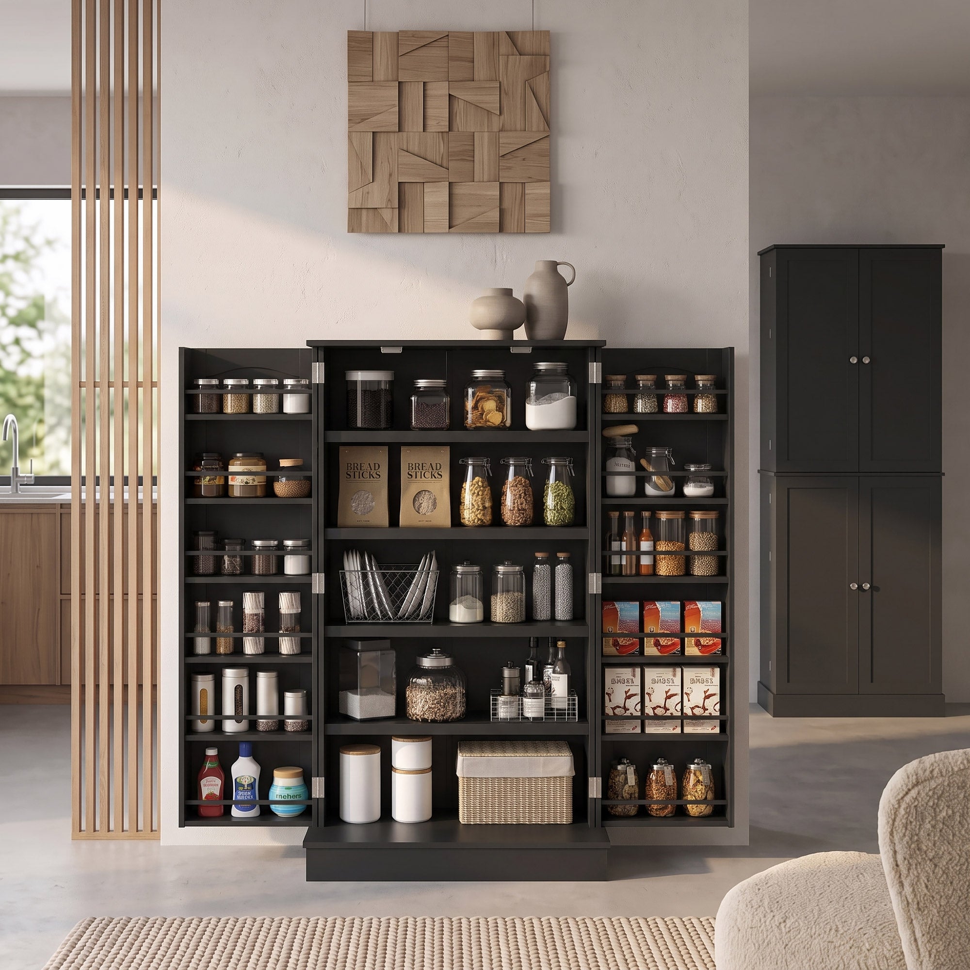 Order Pantry 2-Piece Cabinet Set with 41" and 65" Kitchen Storage Cabinets,Black