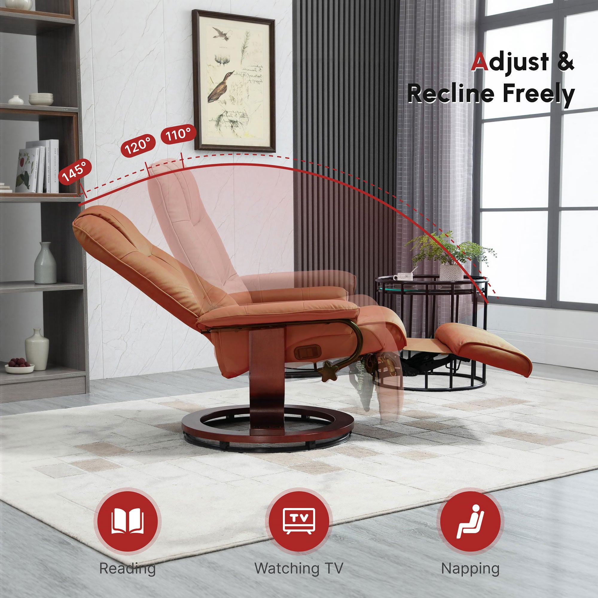 EaseRest Faux Leather Recliner Chair, Swivel Recliner w/ Footrest, Armrest & Wood Base, Light Brown - HOMCOM