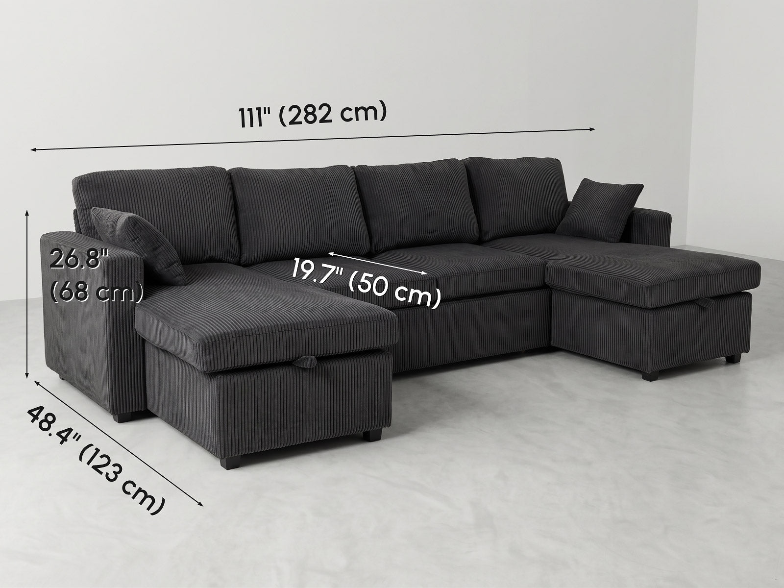 FlexLiving 111" U-Shaped Dual-Storage Sleeper Sectional, Charcoal Grey