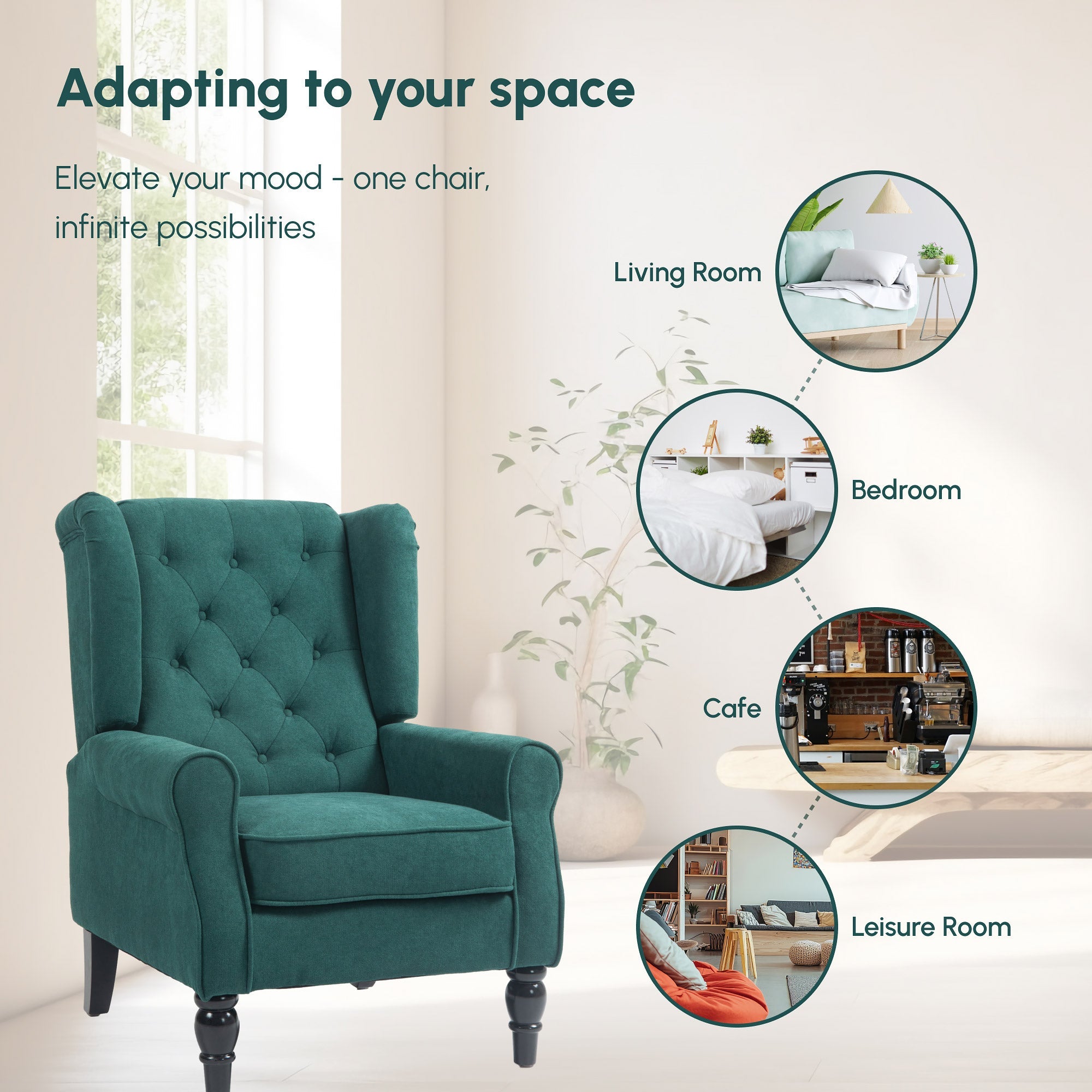 Mid-Century Accent Chair w/ High Wingback, Button-Tufted Fabric & Retro Wood Legs, Dark Green