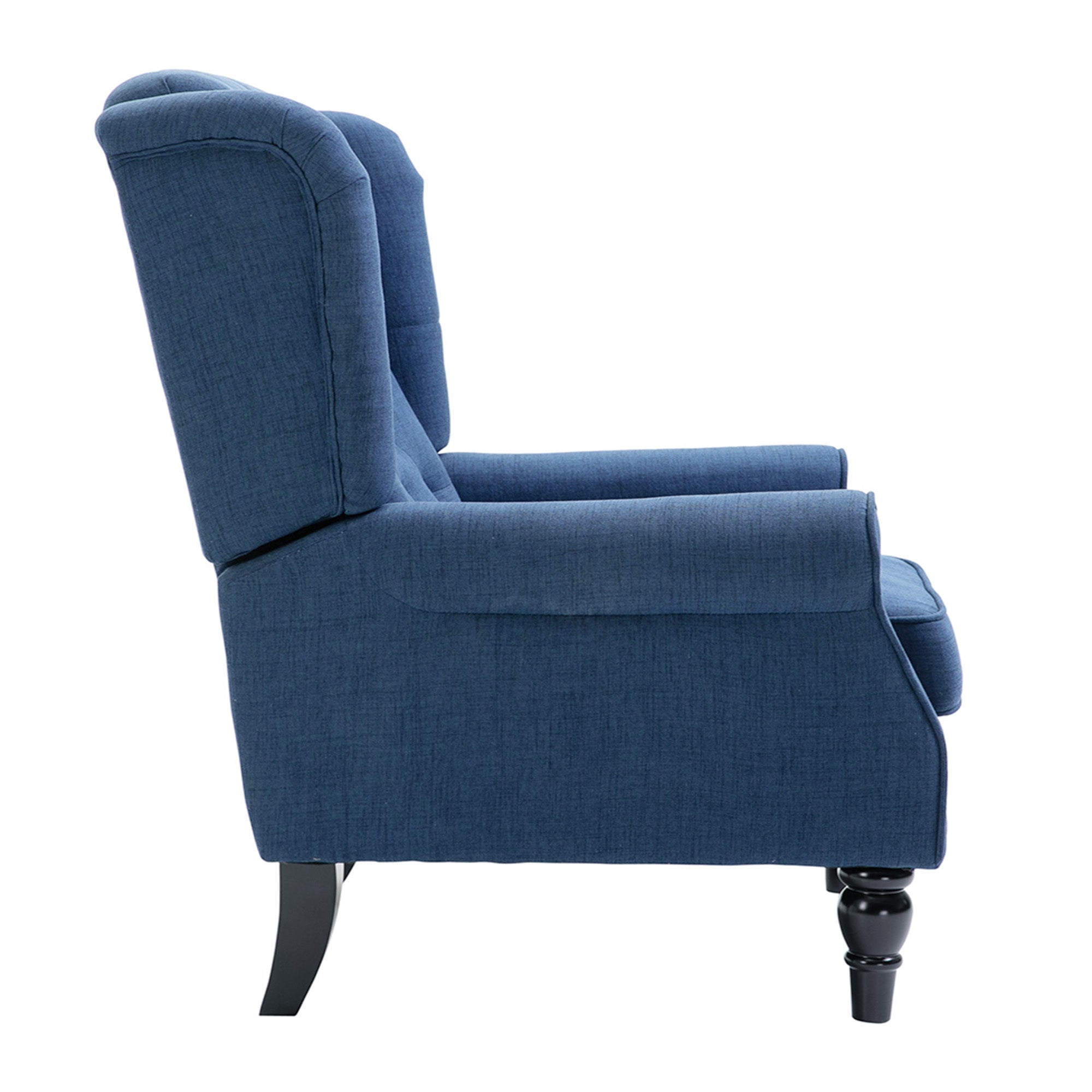 Mid-Century Accent Chair w/ High Wingback, Button-Tufted Fabric & Retro Wood Legs, Blue