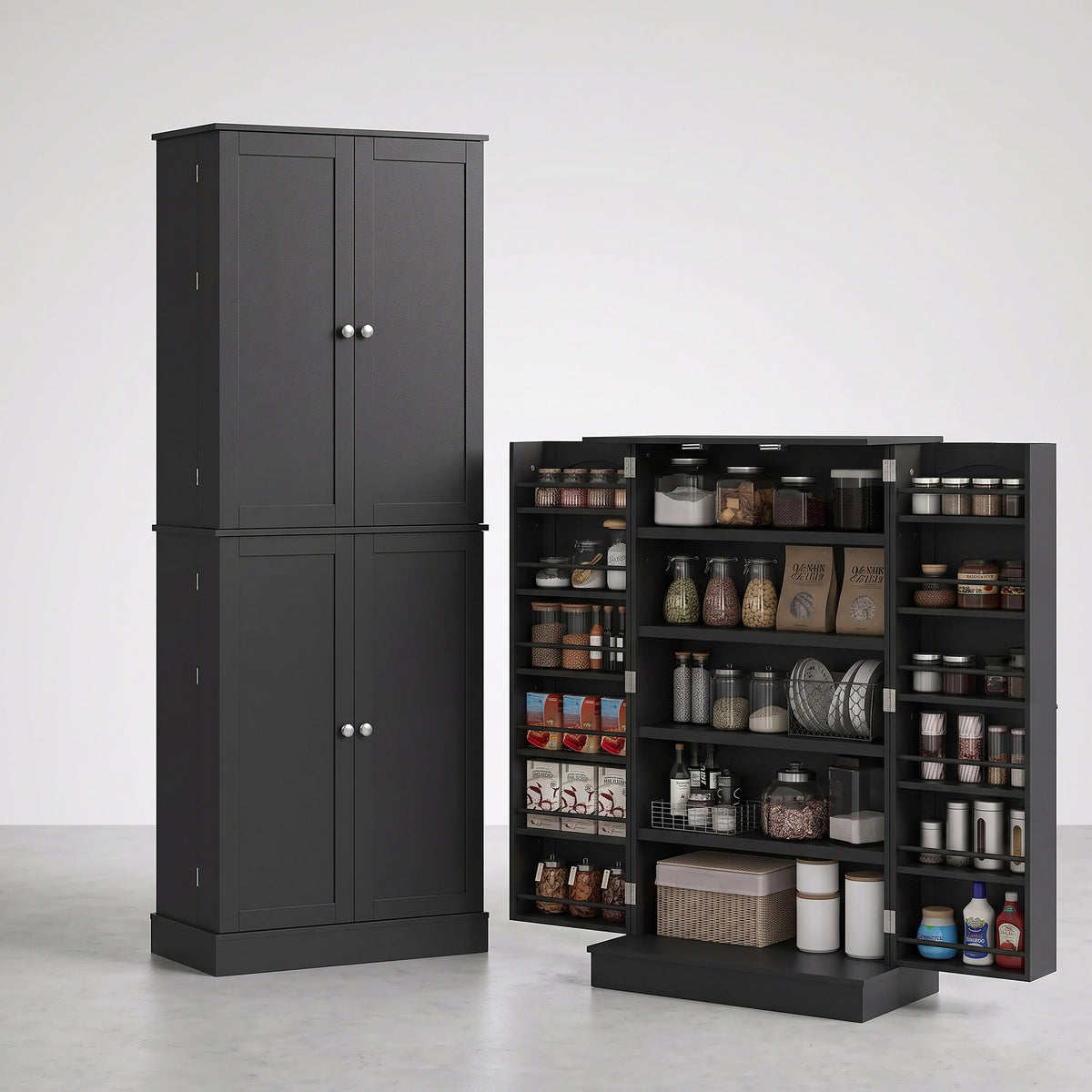 Order Pantry 2-Piece Cabinet Set with 41" and 65" Kitchen Storage Cabinets,Black