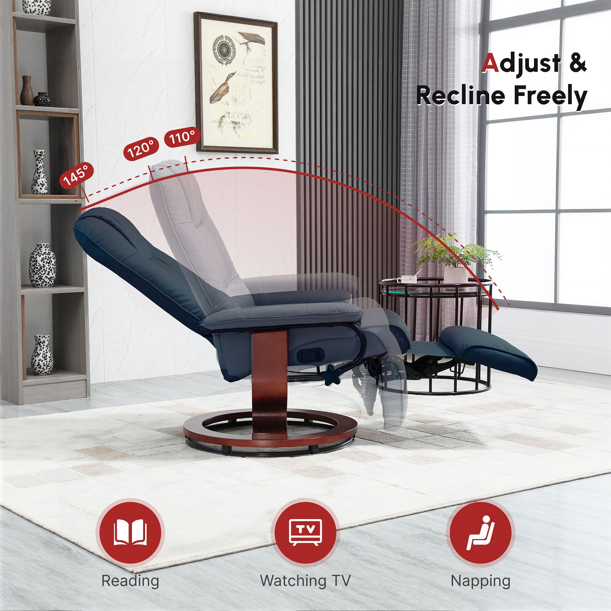 EaseRest Faux Leather Recliner Chair, Swivel Recliner w/ Footrest, Armrest & Wood Base, Blue - HOMCOM