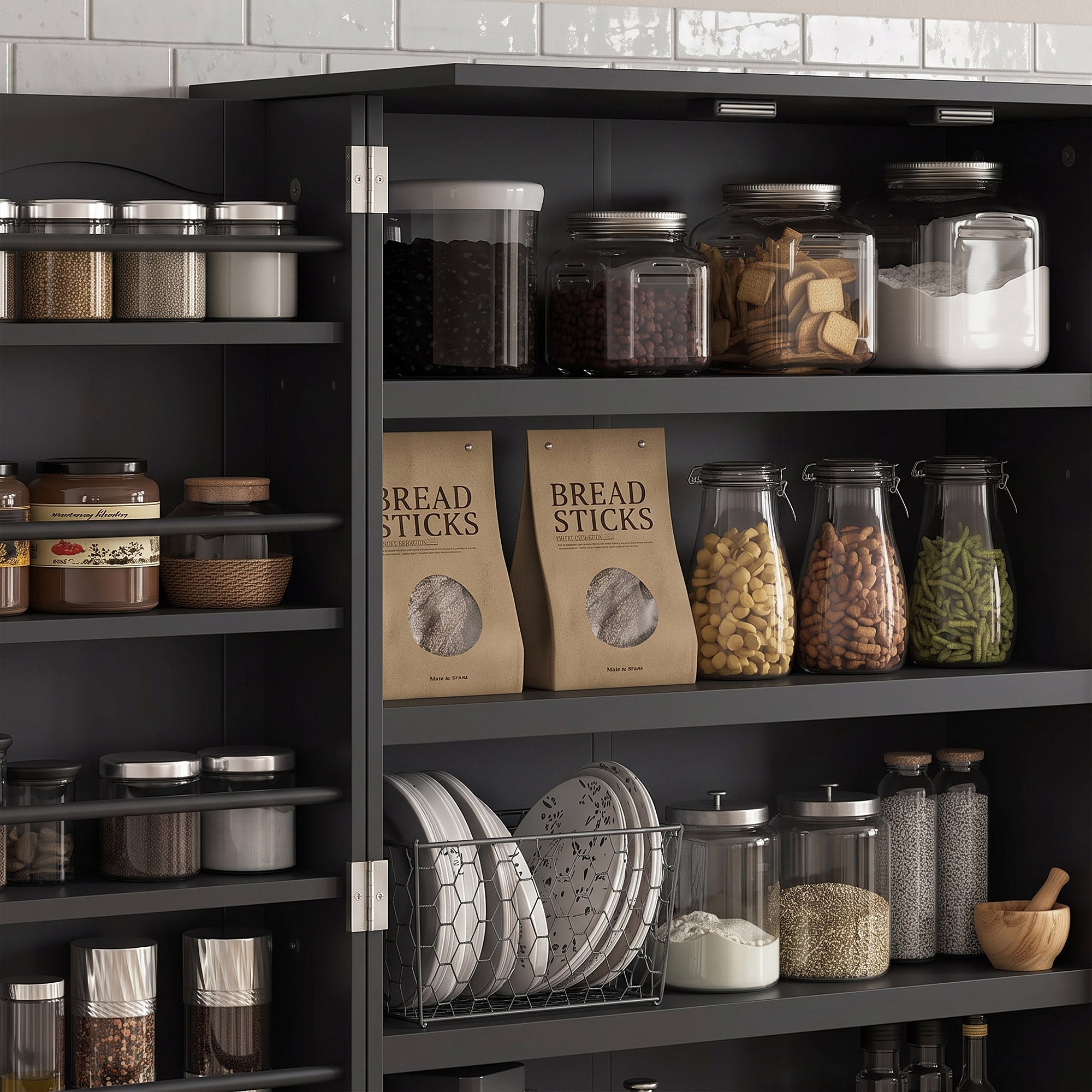 Order Pantry 2-Piece Cabinet Set with 41" and 65" Kitchen Storage Cabinets,Black