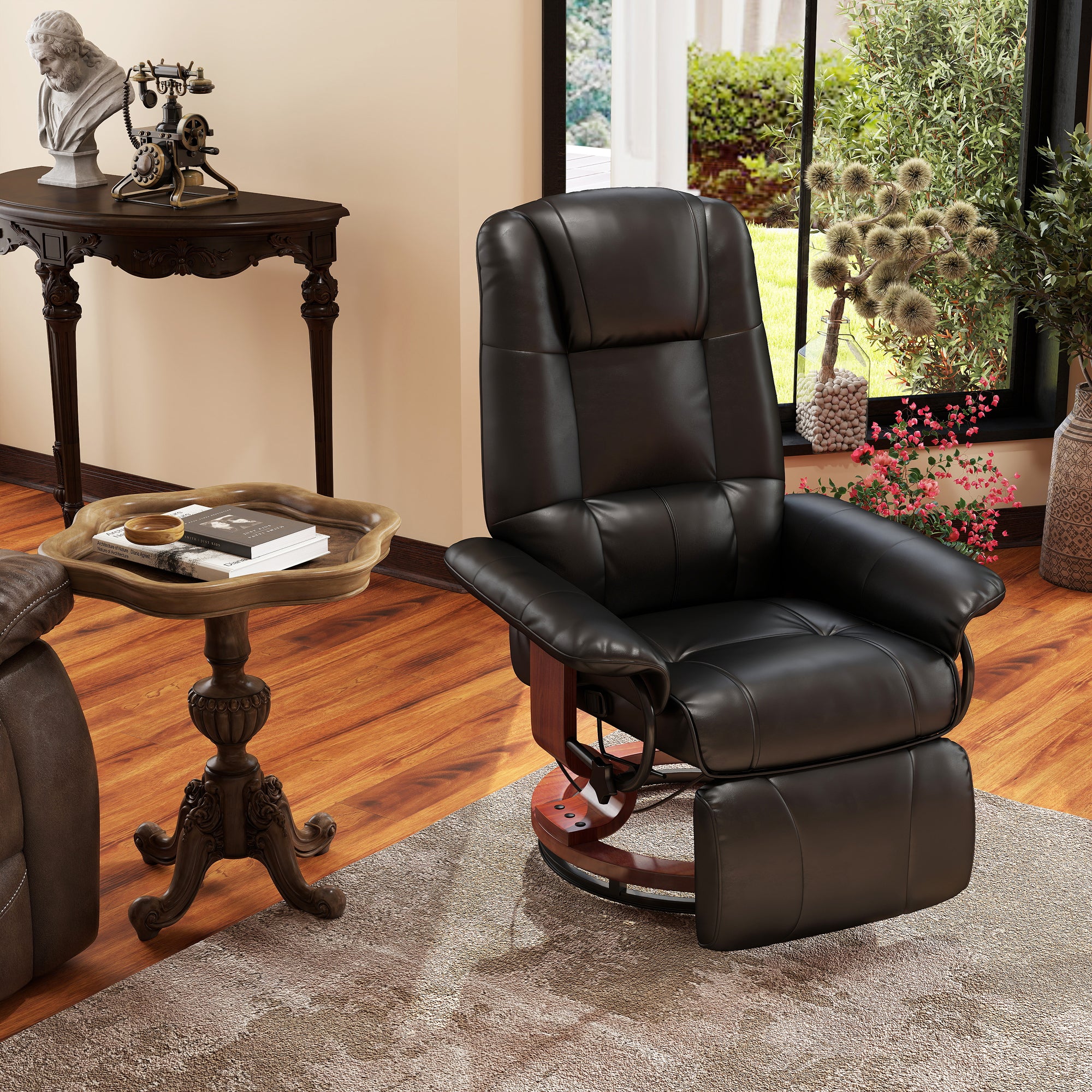 Manual Recliner Chair with Faux Leather Upholstered & Wooden Base for Living Room, Black - HOMCOM