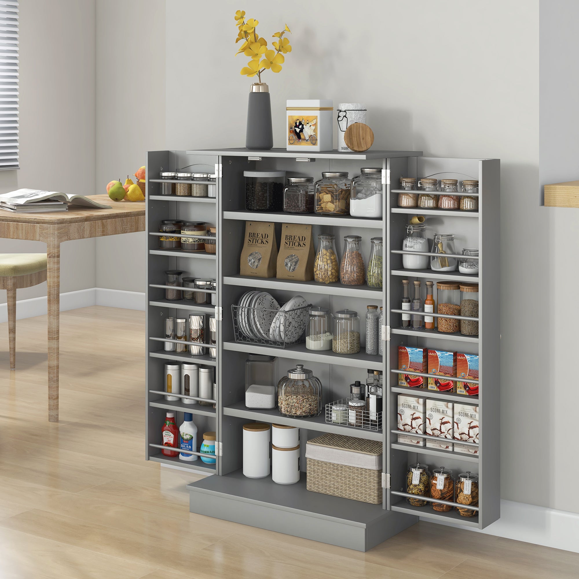 41" Kitchen Pantry Cabinet, 2-Door Buffet Storage Cabinet with 12 Spice Racks and Adjustable Shelves, Grey