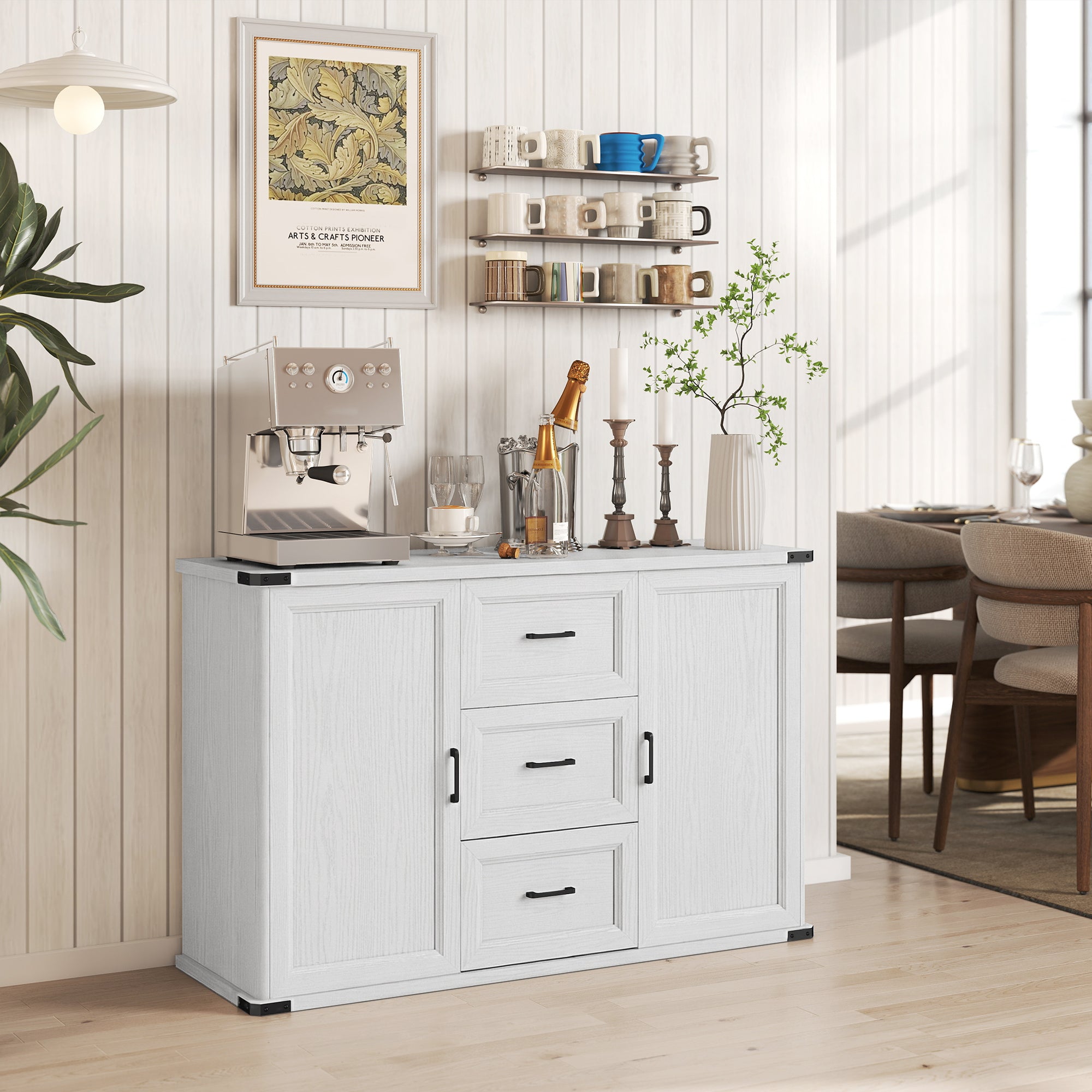 Modern Sideboard Buffet Cabinet with 3 Drawers and 2 Doors, 47" Coffee Bar Cabinet with Adjustable Shelves for Kitchen, White Wood Grain