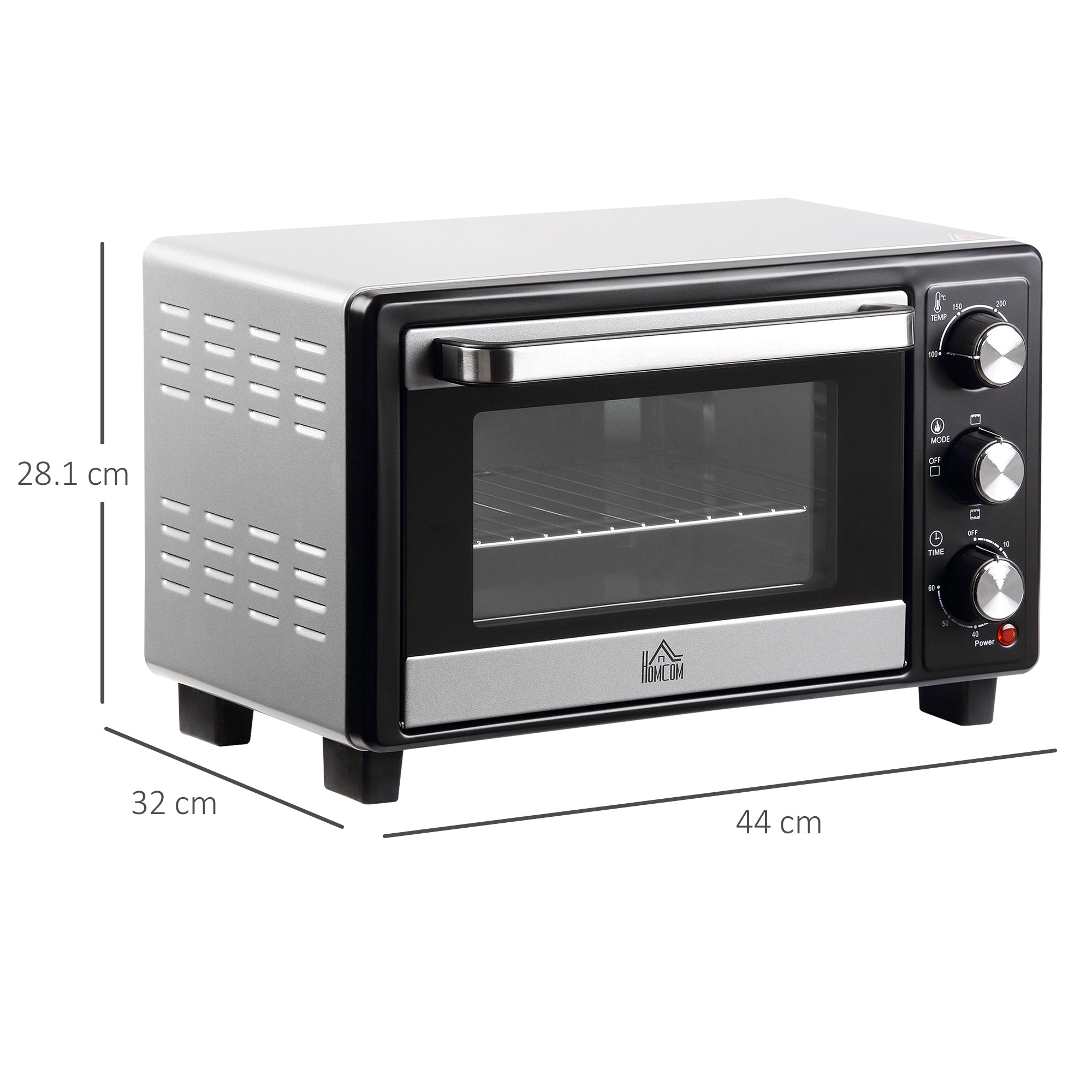 HOMCOM Mini Oven, 16L Countertop Electric Grill, Toaster Oven with Adjustable Temperature, 60 Min Timer, Crumb Tray, Baking Tray, Wire Rack, Tray Handle, 1400W, Silver
