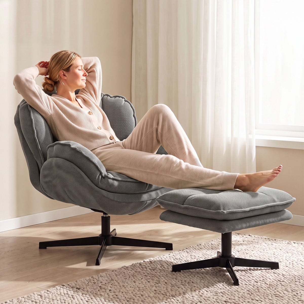 Armchair with Adjustable Footstool, 360° Swivel Chenille Cloud Accent Chair with Thick Cushion, Steel Base for Living Room, Bedroom, Grey