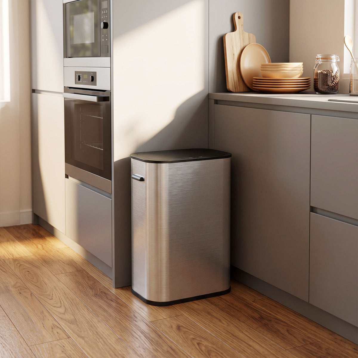 55L Sensor Bin for Kitchen, Touchless Automatic Waste Rubbish Bin with Soft-Close Lid, Fingerprint-Resistant Stainless Steel, Retainer Ring, Battery Operated for Home Office, Study, Silver Tone